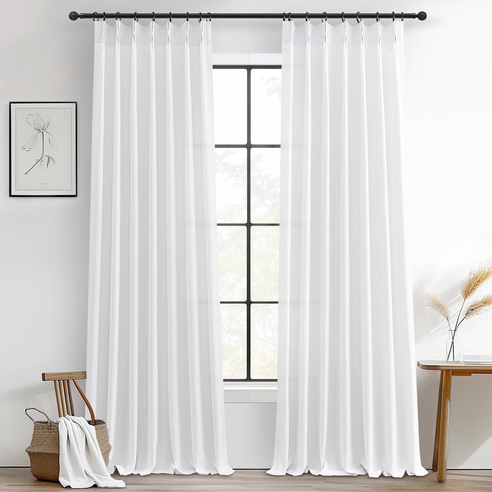 PleatedDrapes 96 Inch Curtains 2 Panel Set, Modern Linen Pleat Back Tab Dining Room Window Curtains Light Filtering Aesthetic Semi Sheer Living Room Drapes with Hooks Ring Cream Oatmeal W40 x L96