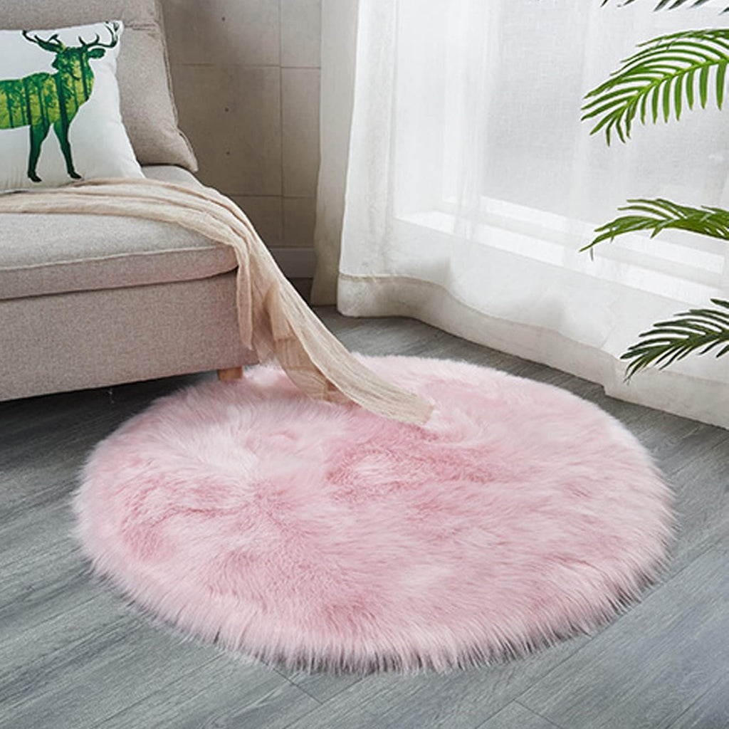 Luxury Faux Sheepskin Area Rugs Supersoft Fluffy Shaggy Round Floor Carpet Mat Decorative Throw Cover- Children Play Carpet for Living & Bedroom Sofa Light Pink, 5 ft Diameter