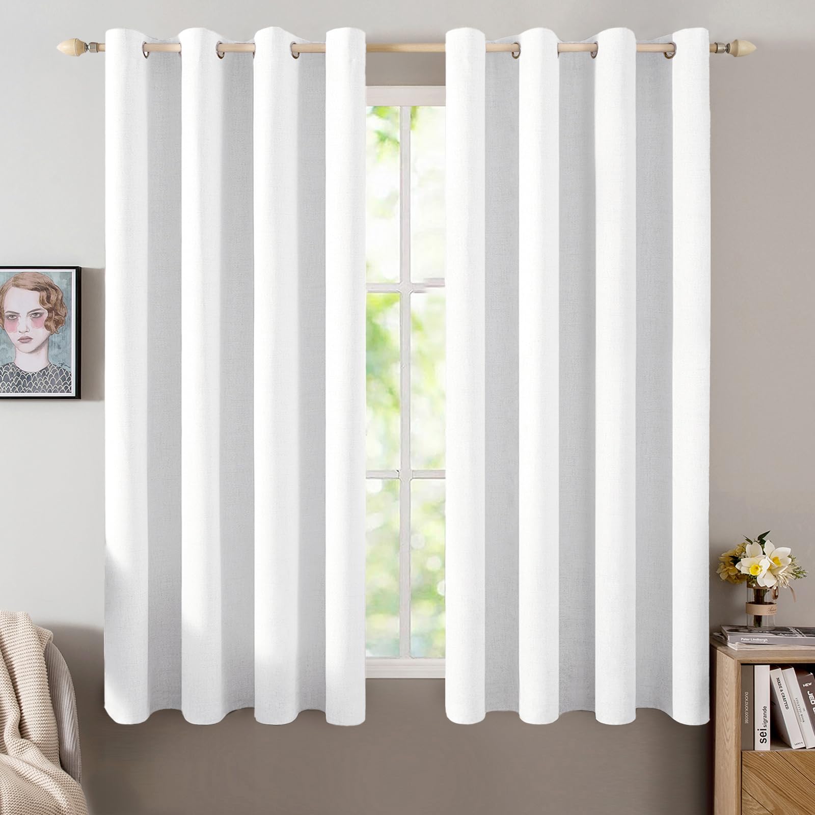 MIULEE 100% Blackout Linen Curtains for Bedroom Thermal Insulated Birch Grommet Room Darkening Curtains & Drapes for Living Room Nursery 52 x 96 Inch (2 Panels)