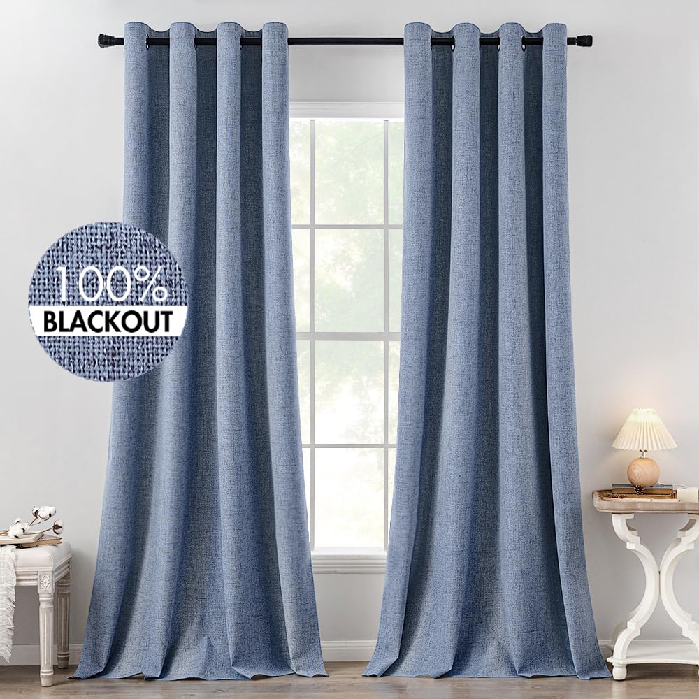 MIULEE 100% Blackout Linen Curtains for Bedroom Thermal Insulated Birch Grommet Room Darkening Curtains & Drapes for Living Room Nursery 52 x 96 Inch (2 Panels)