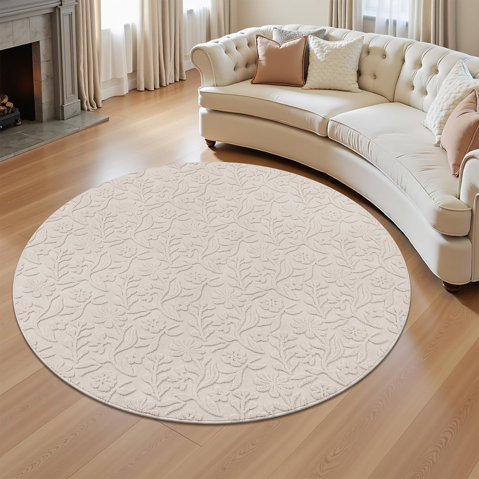 Vaukki Round Rug for Living Room, Soft Fluffy Washable Modern Floral Indoor Floor Mat, Non Slip Shaggy Boho Accent Throw Carpet for Bedroom, Living Room, Nursery and Dining Room, Beige, Round-6Ft