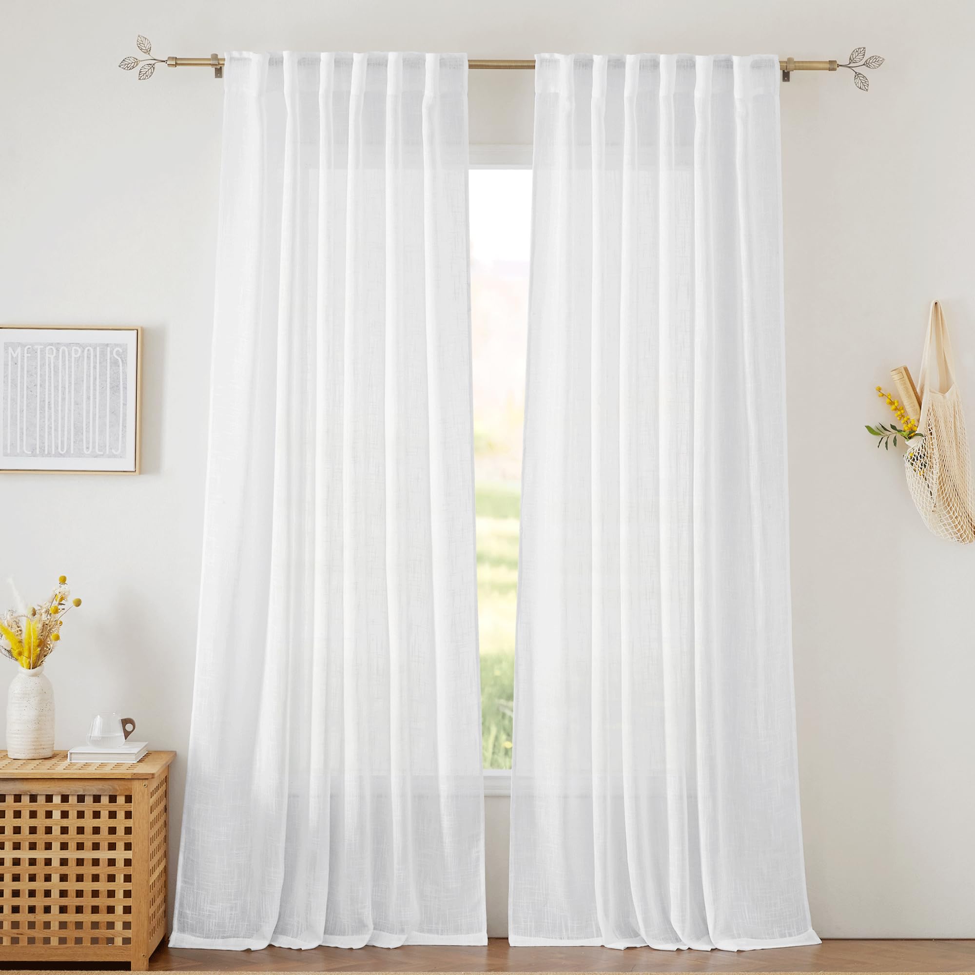 RYB HOME Farmhouse Sheer Curtains 108 inch Length, Semi Sheer Curtain & Drapes Large Window Dressing Lights & Winds Filter for Bedroom Home Office Living Room, Linen, W 70 x L 108 inch Long, 1 Pair