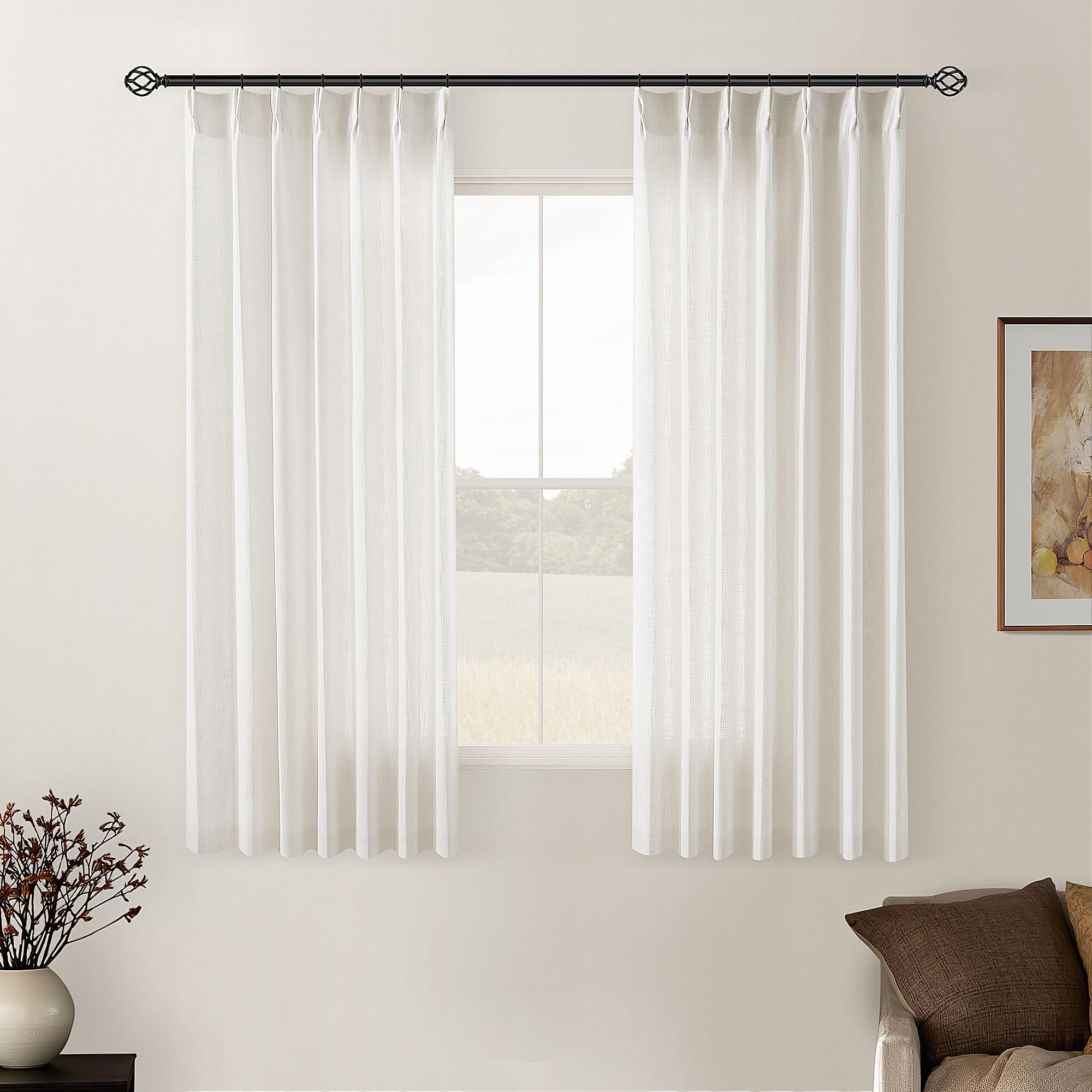 90 Inch Pinch Pleated Linen Curtains 2 Panel Set for Living Room Cream Natural Thick Linen Textured Drapes 90 Inches Long Pinch Pleat Drapes Birch Ivory Semi Sheer Curtain for Dining Bedroom Office