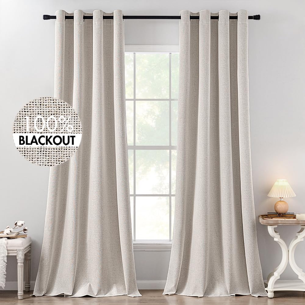 MIULEE 100% Blackout Linen Curtains for Bedroom Thermal Insulated Birch Grommet Room Darkening Curtains & Drapes for Living Room Nursery 52 x 96 Inch (2 Panels)