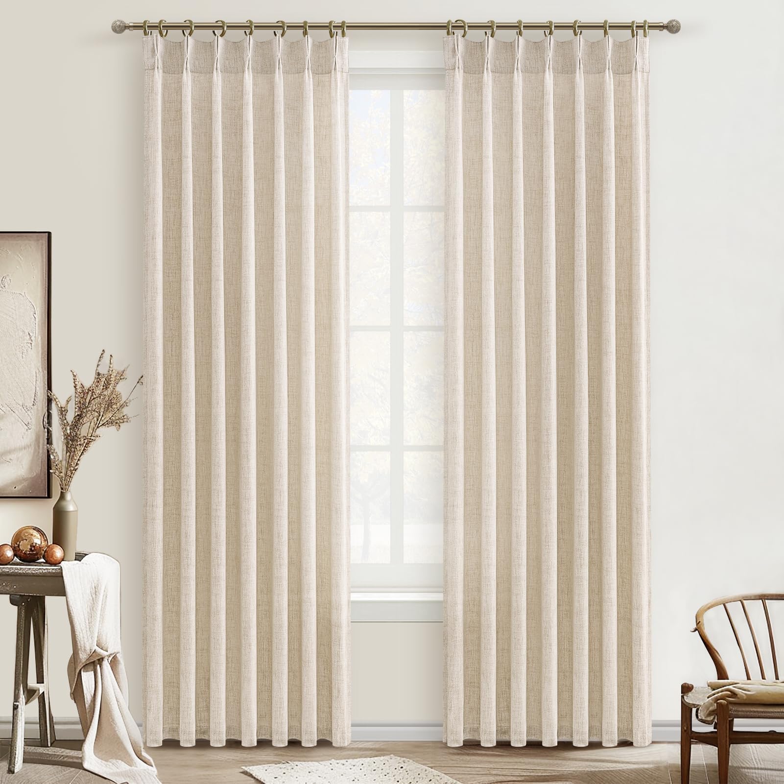 PleatedDrapes 96 Inch Curtains 2 Panel Set, Modern Linen Pleat Back Tab Dining Room Window Curtains Light Filtering Aesthetic Semi Sheer Living Room Drapes with Hooks Ring Cream Oatmeal W40 x L96