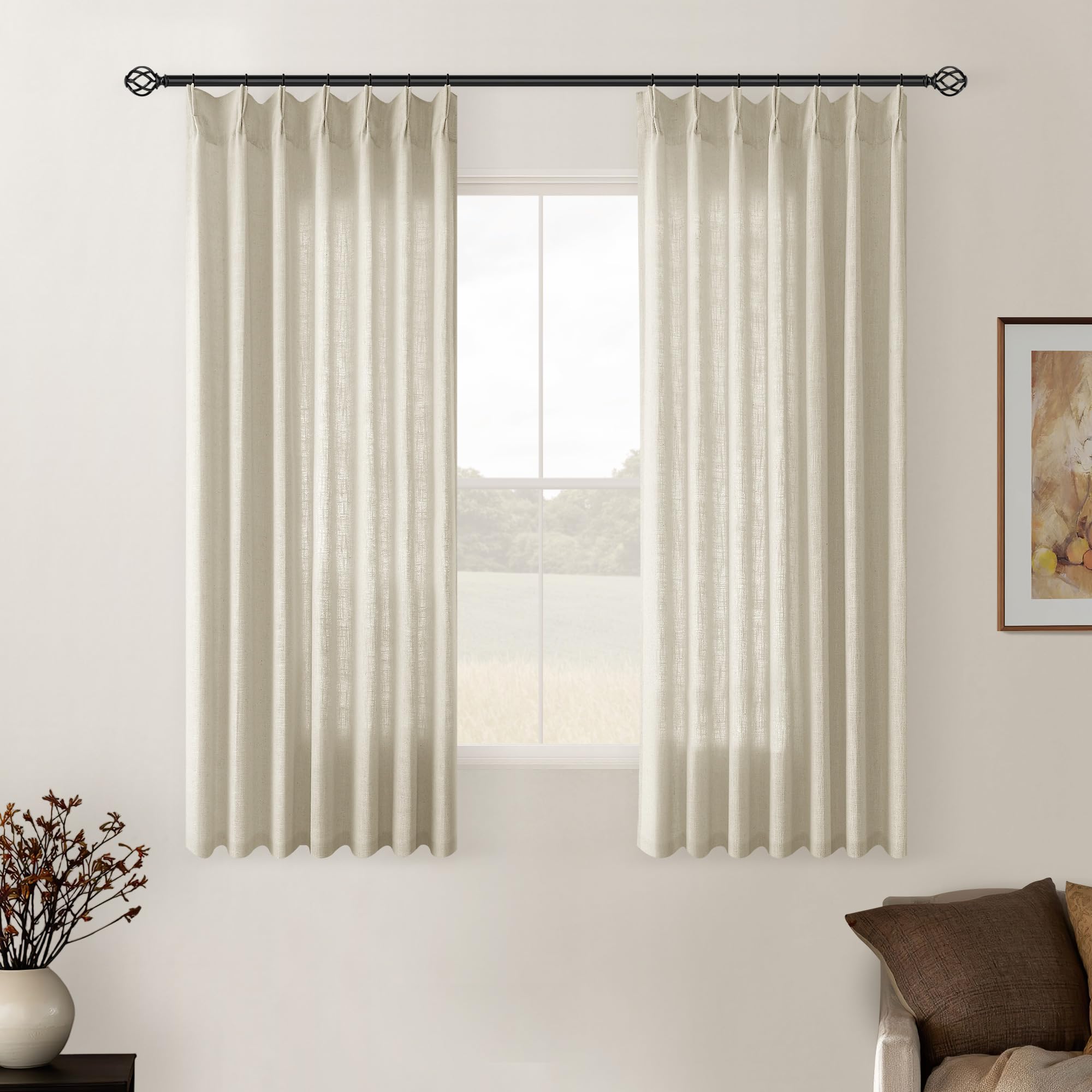 90 Inch Pinch Pleated Linen Curtains 2 Panel Set for Living Room Cream Natural Thick Linen Textured Drapes 90 Inches Long Pinch Pleat Drapes Birch Ivory Semi Sheer Curtain for Dining Bedroom Office