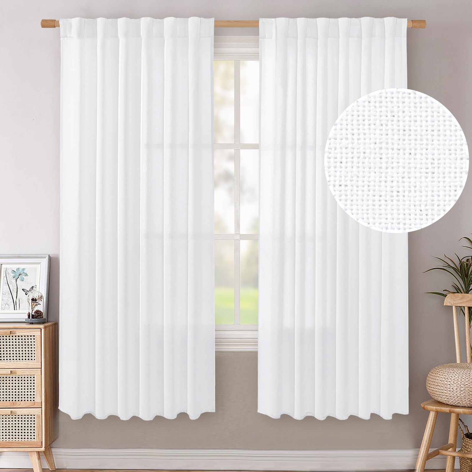 BGment Long 102 Inch Length Linen Curtains for Living Room, Natural Rod Pocket Textured Burlap Drapes Rustic Country Light Filtering for Bedroom Semi Sheer Back Tab, 2 Panel, 52 Inch Wide Each Panel