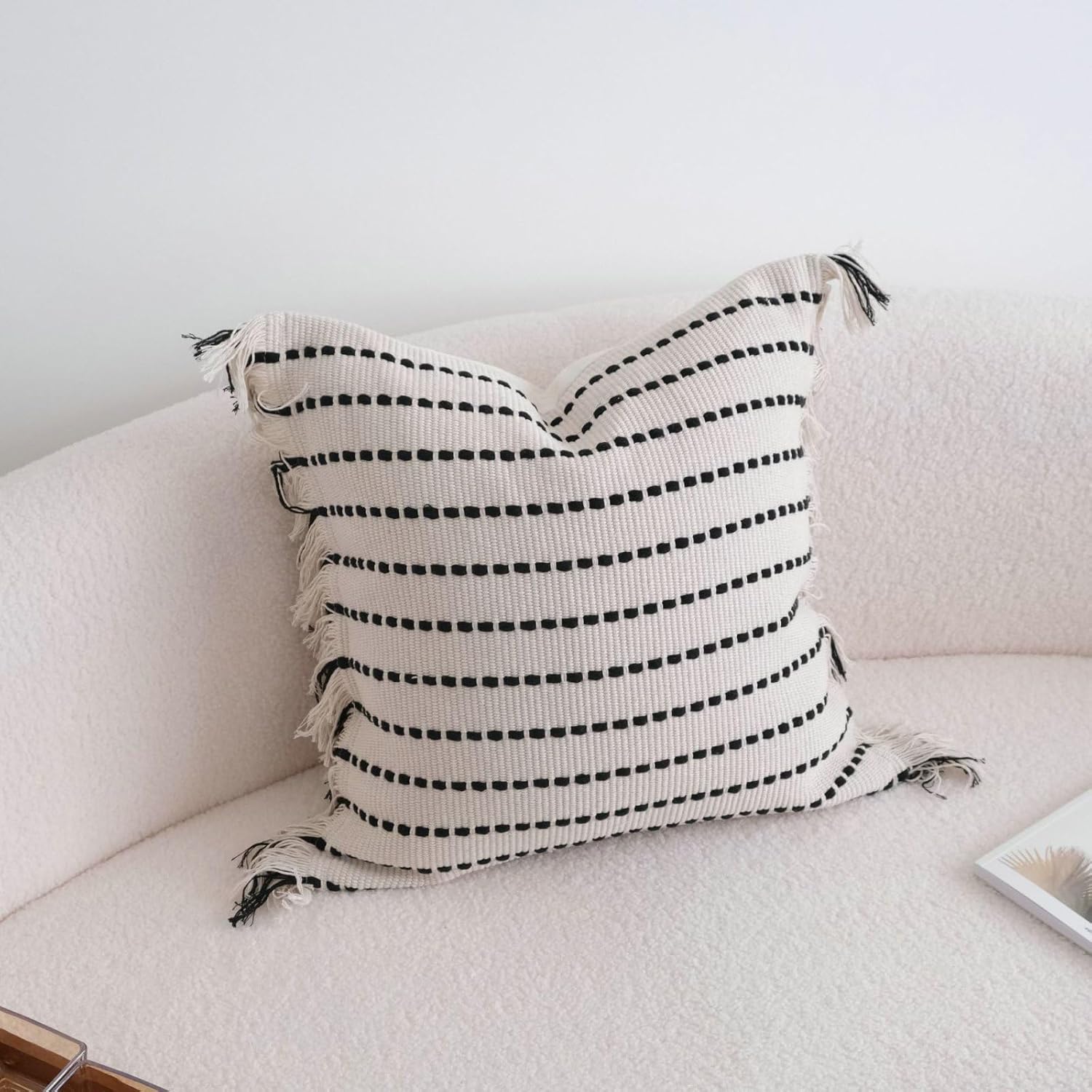 Square Boho Striped Tassel Edge Cushion Cover Cotton Linen Living Room Throw Pillow Covers,Beige,45 x 45 cm