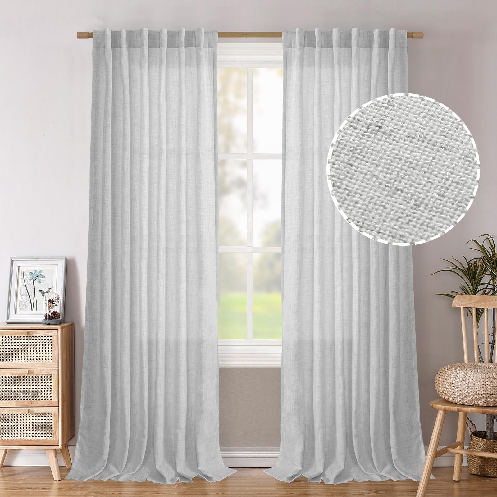 BGment Long 102 Inch Length Linen Curtains for Living Room, Natural Rod Pocket Textured Burlap Drapes Rustic Country Light Filtering for Bedroom Semi Sheer Back Tab, 2 Panel, 52 Inch Wide Each Panel