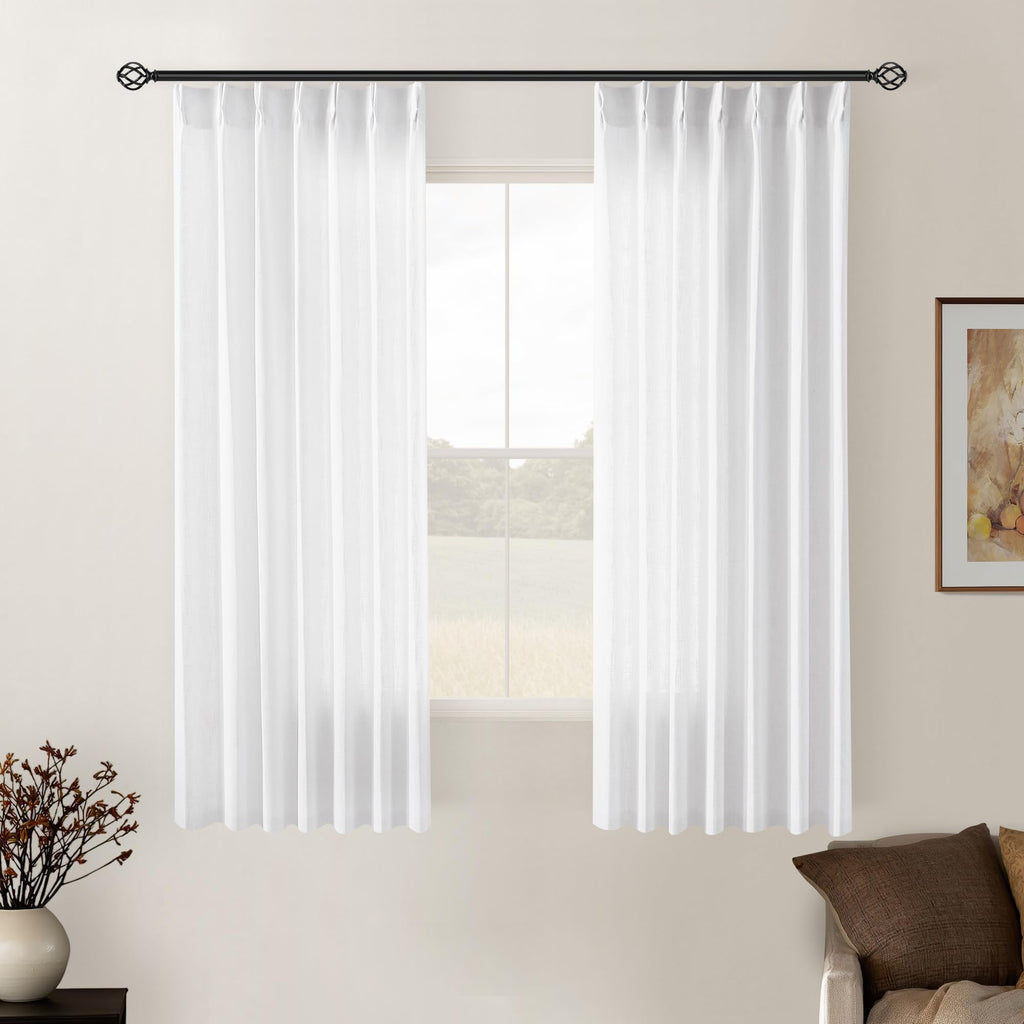 90 Inch Pinch Pleated Linen Curtains 2 Panel Set for Living Room Cream Natural Thick Linen Textured Drapes 90 Inches Long Pinch Pleat Drapes Birch Ivory Semi Sheer Curtain for Dining Bedroom Office