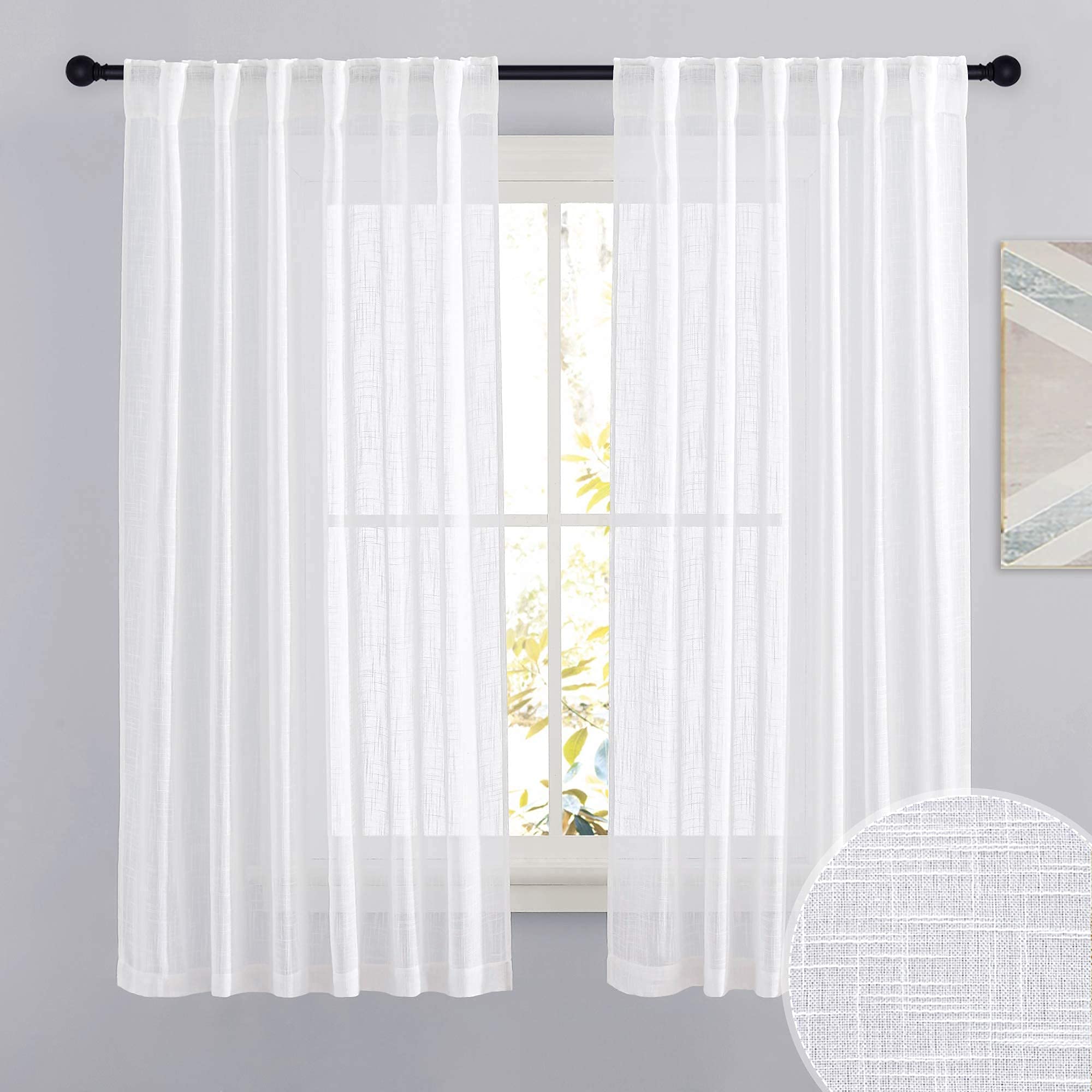 RYB HOME Farmhouse Sheer Curtains 108 inch Length, Semi Sheer Curtain & Drapes Large Window Dressing Lights & Winds Filter for Bedroom Home Office Living Room, Linen, W 70 x L 108 inch Long, 1 Pair