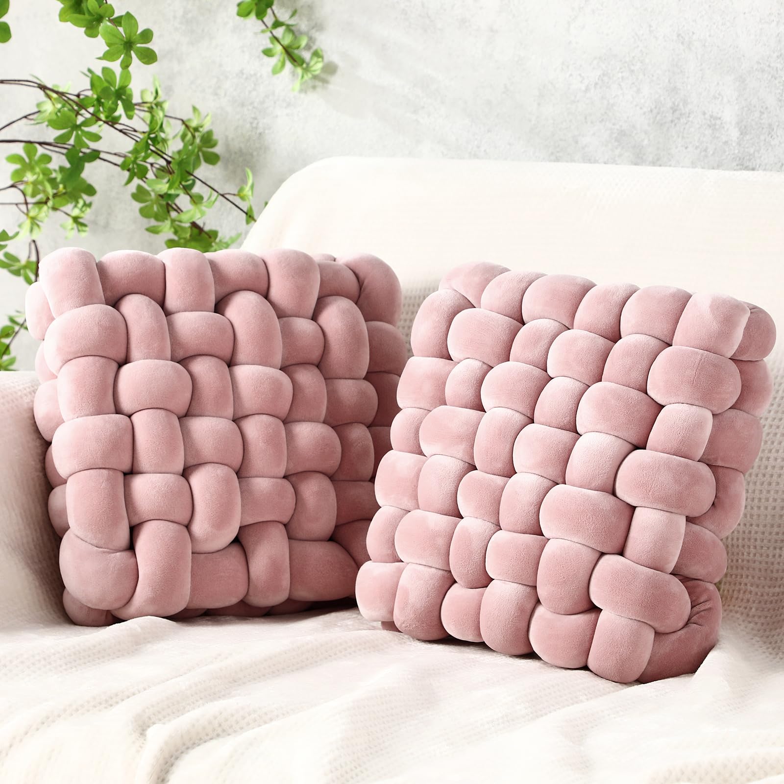 Wenqik 2 Pcs Knot Pillows Square Knotted Plush Throws Soft Accent Pillows Decoration Cushion for Couch Home Office Living Room Bedroom Bed Sofa Decor, 12'' x 13''(Cream White,Lambswool)