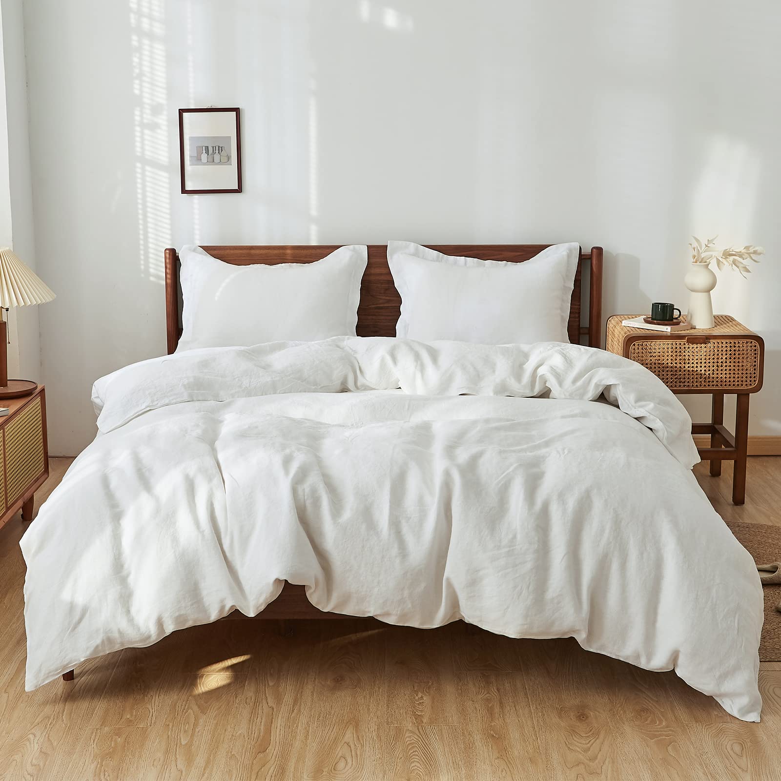 Simple&Opulence 100% Linen Euro Sham Pillow Covers Belgian Flax-Set of 2, Decorative Pillow Cover with Tassels, Boho Shabby Chic Style for Couch/Bed, White, 26" x 26"