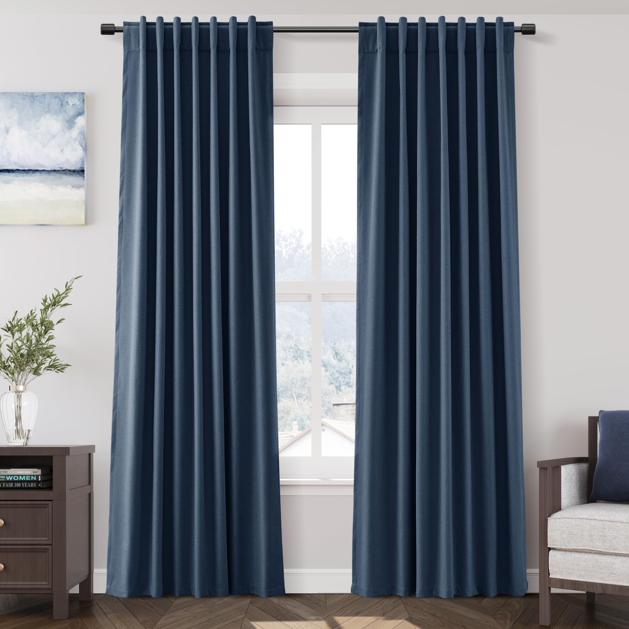 Nanspring Light Grey 100% Blackout Linen Curtains for Bedroom 90 Inches Long Back Tab Thermal Insulated Modern Luxury Simple Black Out Curtain for Living Room Dining Room Drapes 52x90, 2 Panels