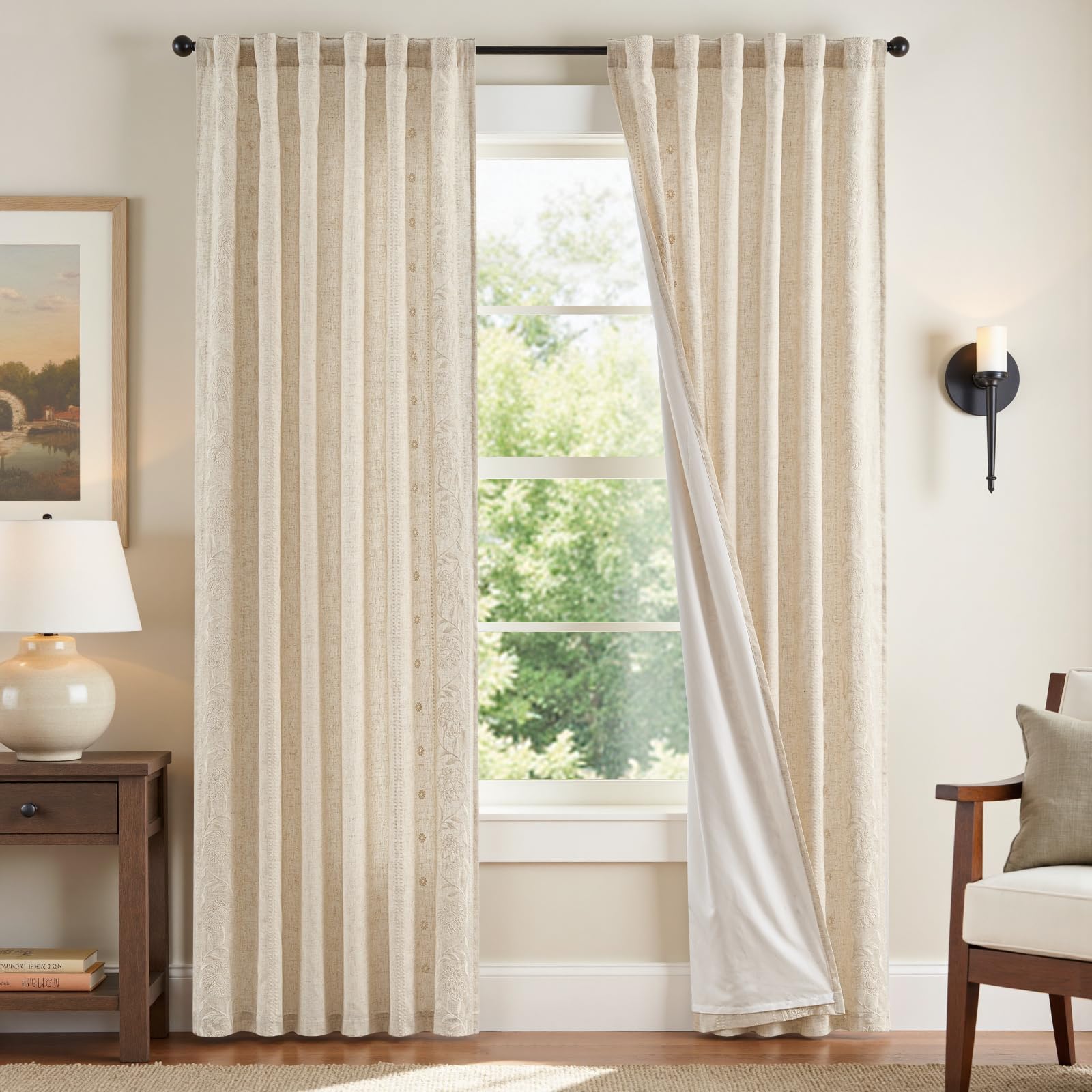 jinchan Winslow Linen Curtains for Bedroom 84 Inches Length Embroidered Bordered Floral Curtains for Living Room Farmhouse Decor Light Filtering Window Treatments Sage on Beige Drapes 2 Panels