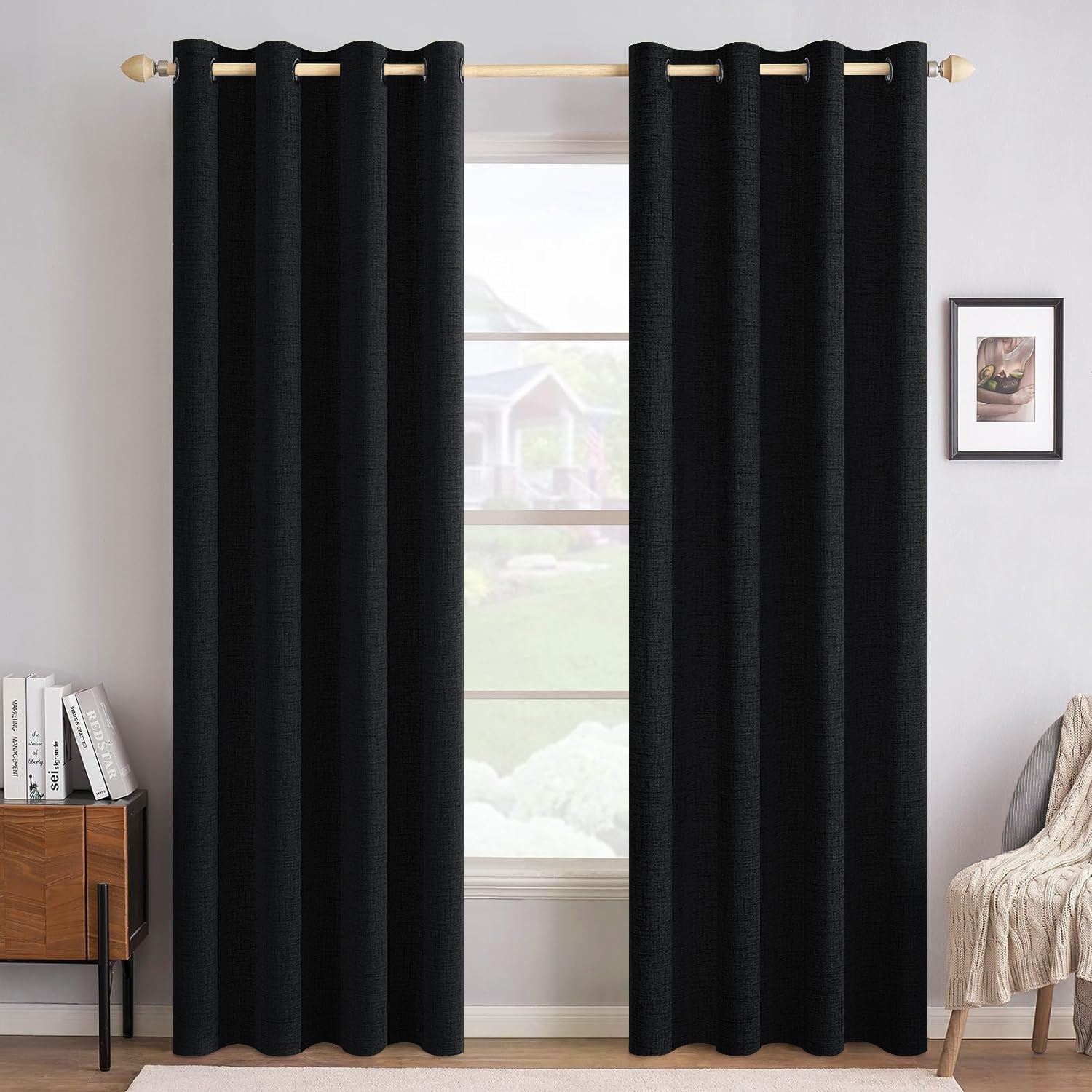 MIULEE 100% Blackout Linen Curtains for Bedroom Thermal Insulated Birch Grommet Room Darkening Curtains & Drapes for Living Room Nursery 52 x 96 Inch (2 Panels)
