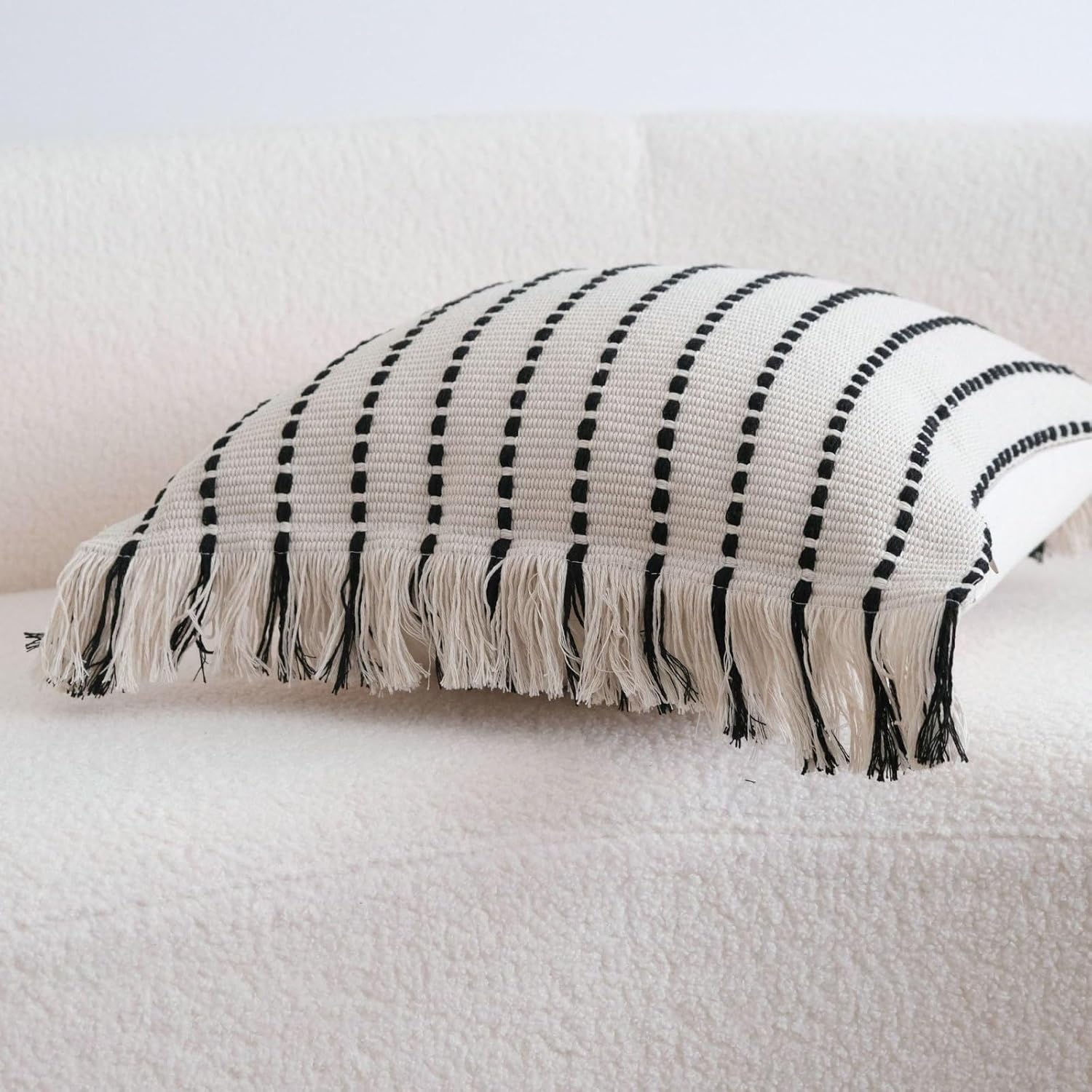 Square Boho Striped Tassel Edge Cushion Cover Cotton Linen Living Room Throw Pillow Covers,Beige,45 x 45 cm
