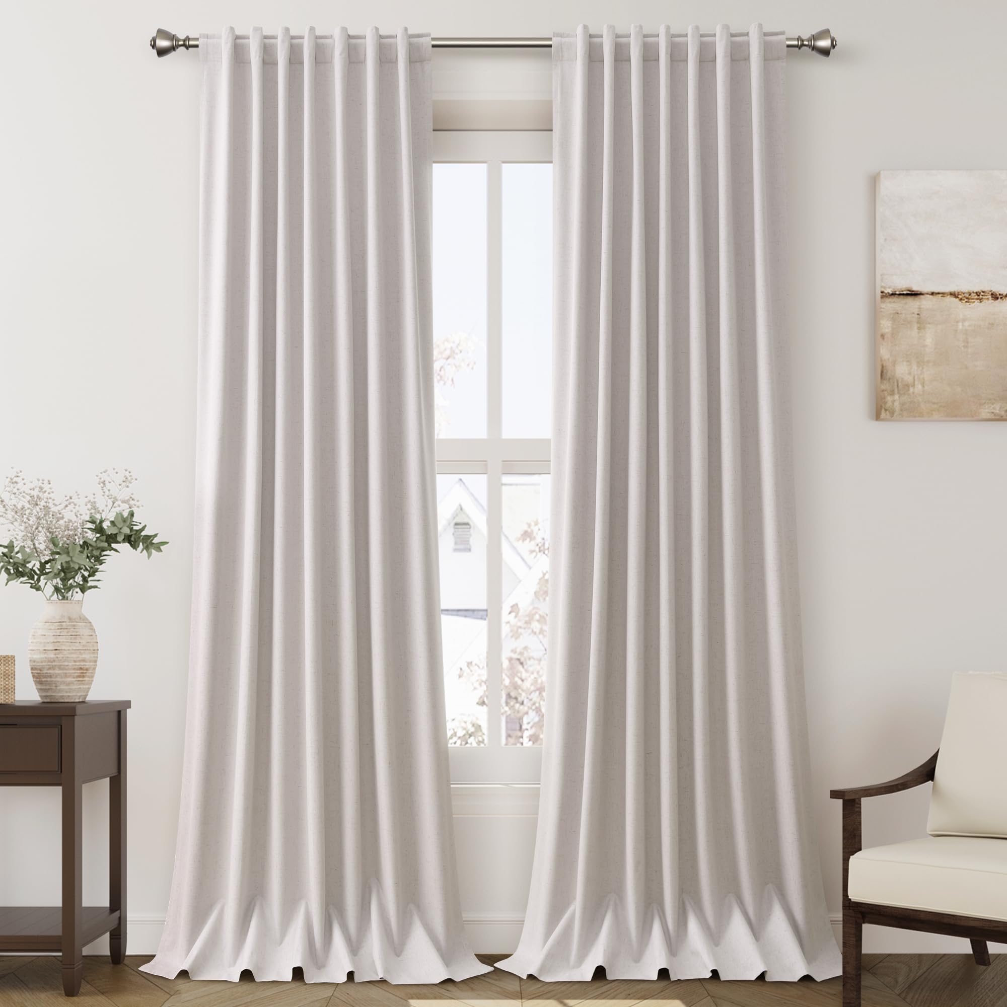 Nanspring Light Grey 100% Blackout Linen Curtains for Bedroom 90 Inches Long Back Tab Thermal Insulated Modern Luxury Simple Black Out Curtain for Living Room Dining Room Drapes 52x90, 2 Panels
