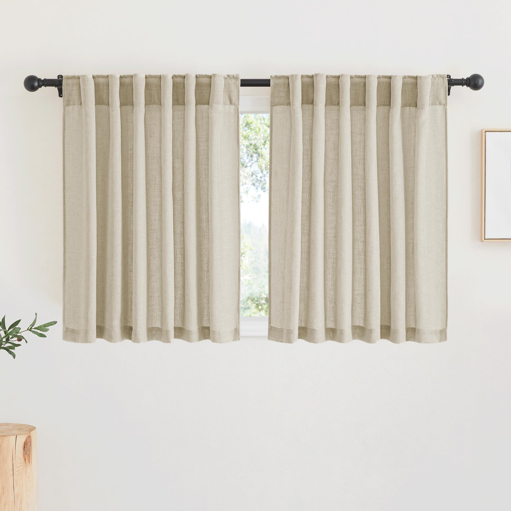 RYB HOME Farmhouse Sheer Curtains 108 inch Length, Semi Sheer Curtain & Drapes Large Window Dressing Lights & Winds Filter for Bedroom Home Office Living Room, Linen, W 70 x L 108 inch Long, 1 Pair