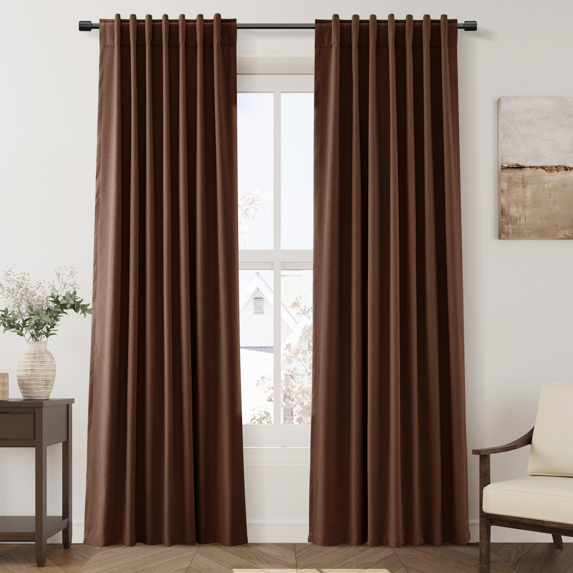Nanspring Light Grey 100% Blackout Linen Curtains for Bedroom 90 Inches Long Back Tab Thermal Insulated Modern Luxury Simple Black Out Curtain for Living Room Dining Room Drapes 52x90, 2 Panels