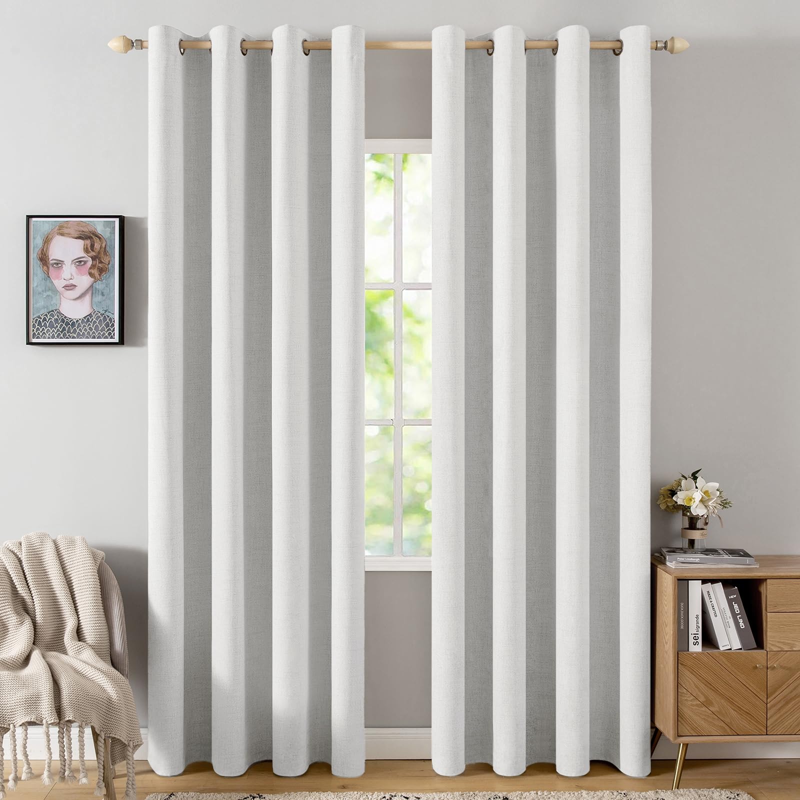 MIULEE 100% Blackout Linen Curtains for Bedroom Thermal Insulated Birch Grommet Room Darkening Curtains & Drapes for Living Room Nursery 52 x 96 Inch (2 Panels)