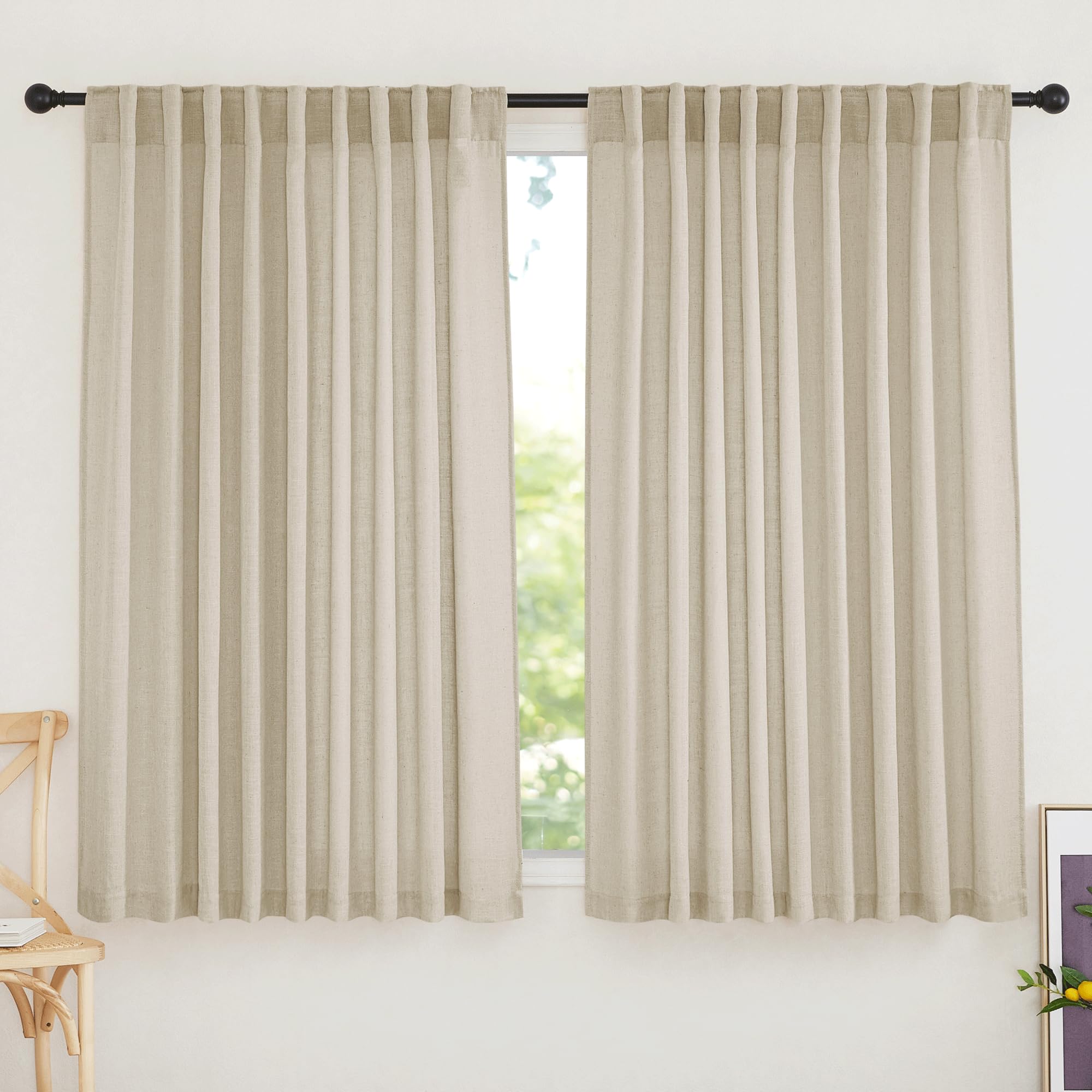 RYB HOME Farmhouse Sheer Curtains 108 inch Length, Semi Sheer Curtain & Drapes Large Window Dressing Lights & Winds Filter for Bedroom Home Office Living Room, Linen, W 70 x L 108 inch Long, 1 Pair