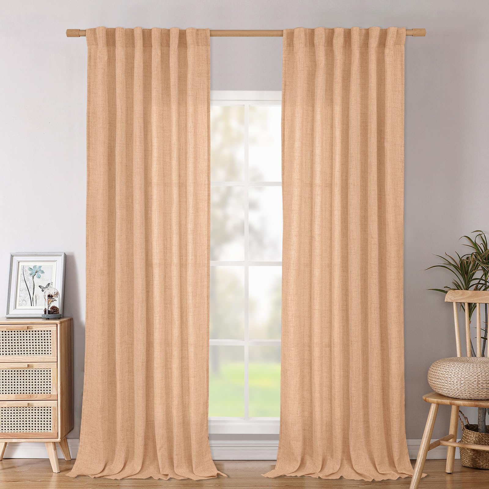 BGment Long 102 Inch Length Linen Curtains for Living Room, Natural Rod Pocket Textured Burlap Drapes Rustic Country Light Filtering for Bedroom Semi Sheer Back Tab, 2 Panel, 52 Inch Wide Each Panel