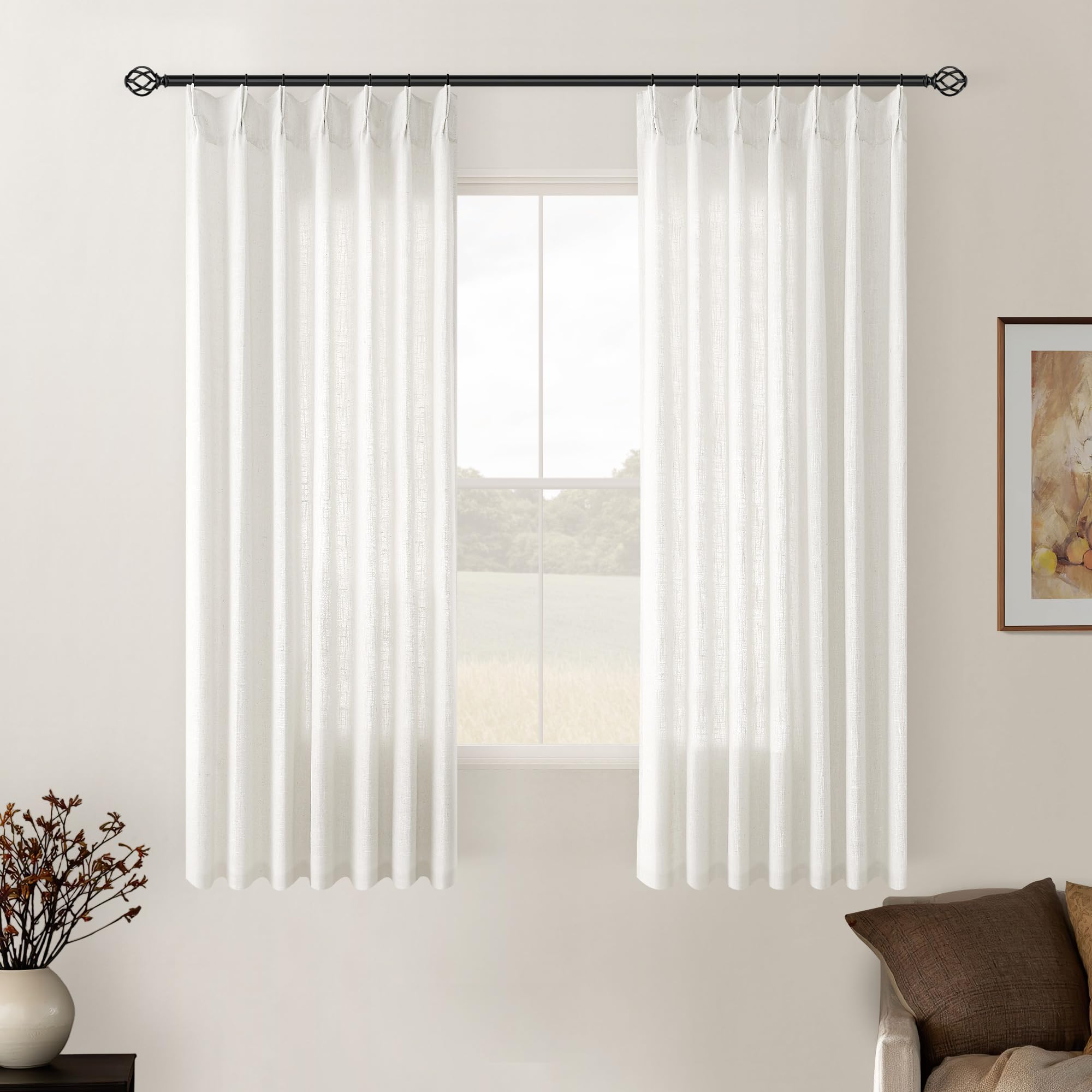 90 Inch Pinch Pleated Linen Curtains 2 Panel Set for Living Room Cream Natural Thick Linen Textured Drapes 90 Inches Long Pinch Pleat Drapes Birch Ivory Semi Sheer Curtain for Dining Bedroom Office