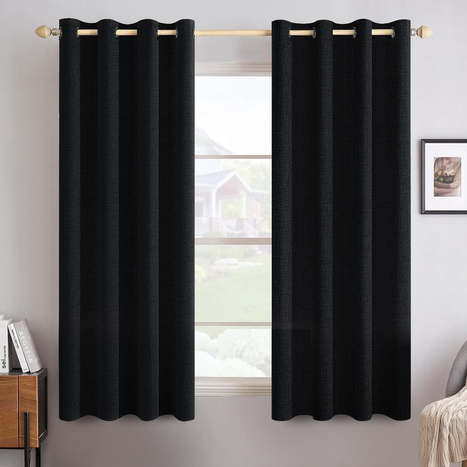 MIULEE 100% Blackout Linen Curtains for Bedroom Thermal Insulated Birch Grommet Room Darkening Curtains & Drapes for Living Room Nursery 52 x 96 Inch (2 Panels)