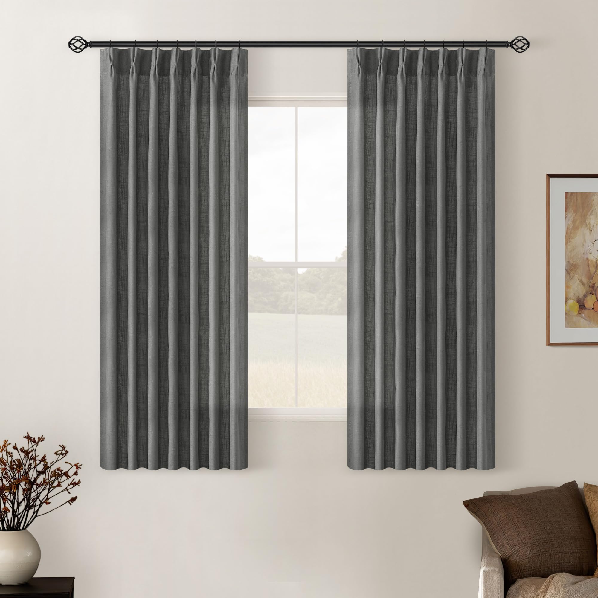 90 Inch Pinch Pleated Linen Curtains 2 Panel Set for Living Room Cream Natural Thick Linen Textured Drapes 90 Inches Long Pinch Pleat Drapes Birch Ivory Semi Sheer Curtain for Dining Bedroom Office