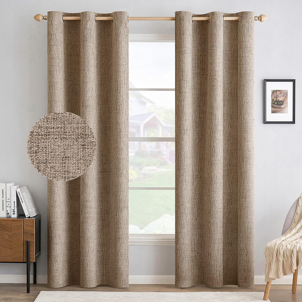 MIULEE 100% Blackout Linen Curtains for Bedroom Thermal Insulated Birch Grommet Room Darkening Curtains & Drapes for Living Room Nursery 52 x 96 Inch (2 Panels)