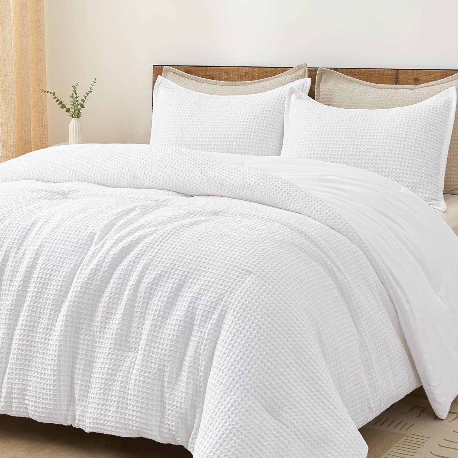 PHF Ultra Soft Waffle Weave Comforter Set Queen Size, 3 Pieces Lightweight Breathable Comfy Bedding Set, Comfy Textured 1 Comforter with 2 Pillow Shams, Linen