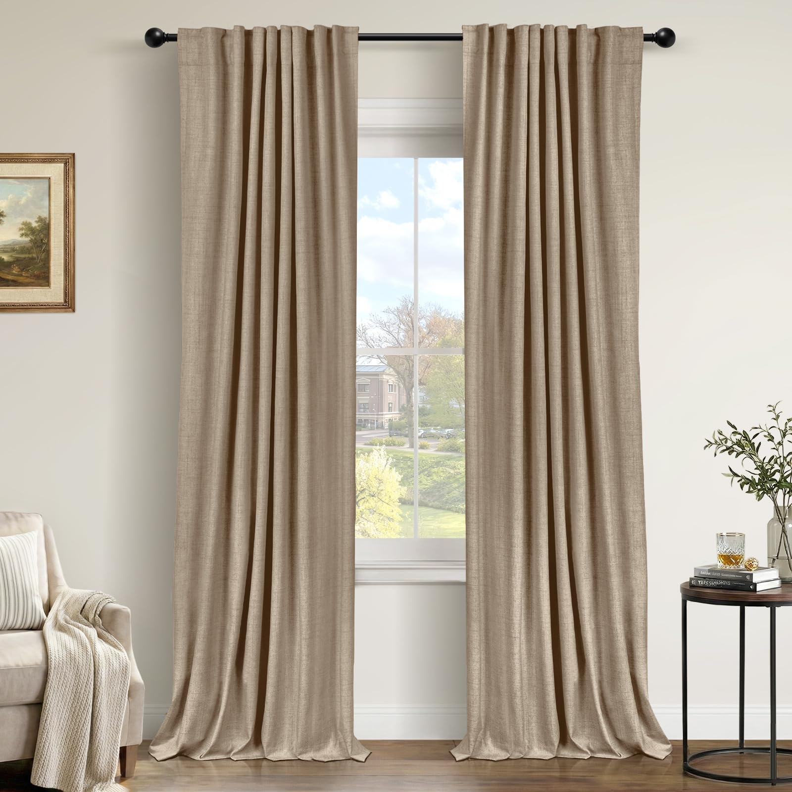 Oatmeal 2-Panel Linen Blackout Curtains, 50"W x 96"L, Thermal Insulated, Back Tab & Rod Pocket for Bedroom & Living Room