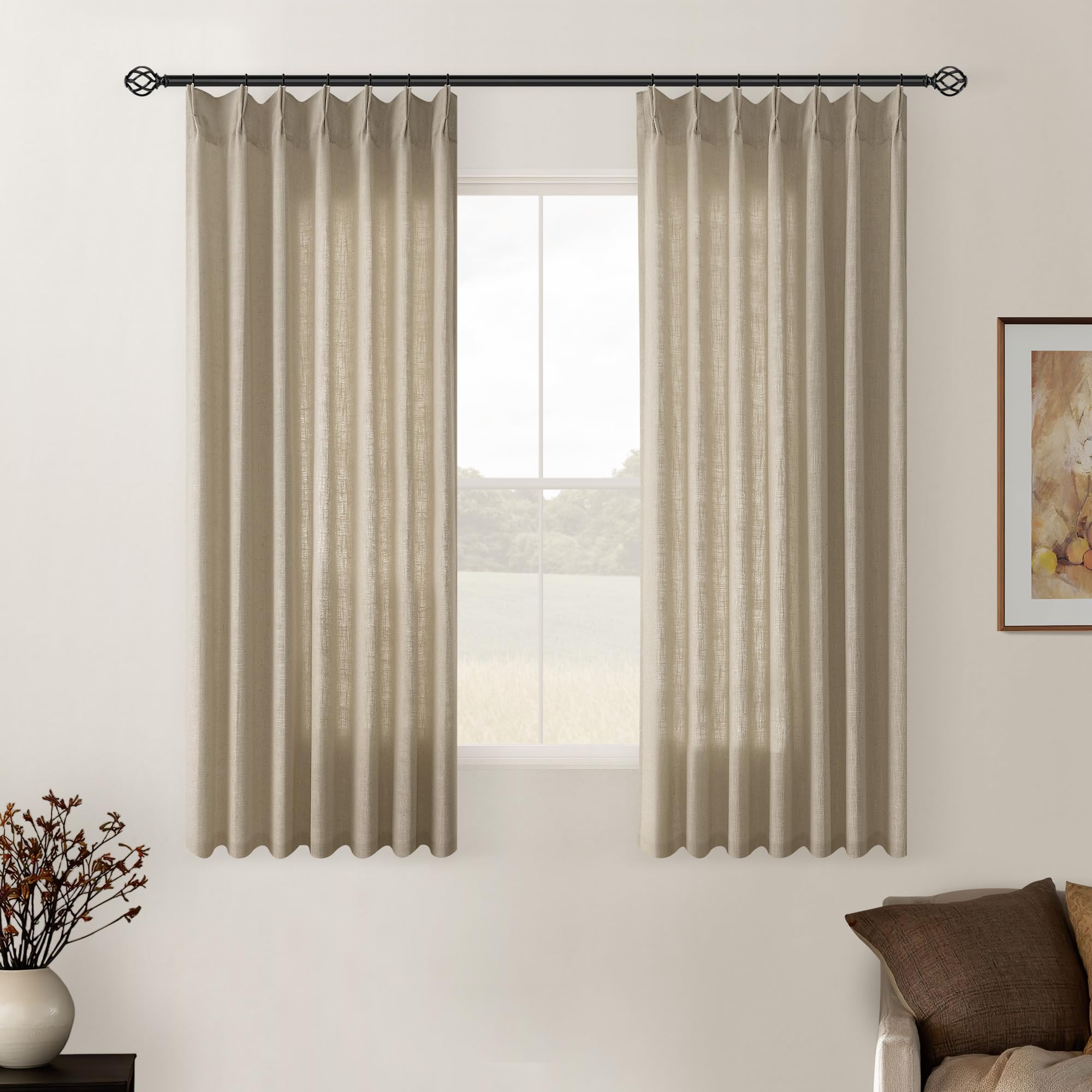90 Inch Pinch Pleated Linen Curtains 2 Panel Set for Living Room Cream Natural Thick Linen Textured Drapes 90 Inches Long Pinch Pleat Drapes Birch Ivory Semi Sheer Curtain for Dining Bedroom Office