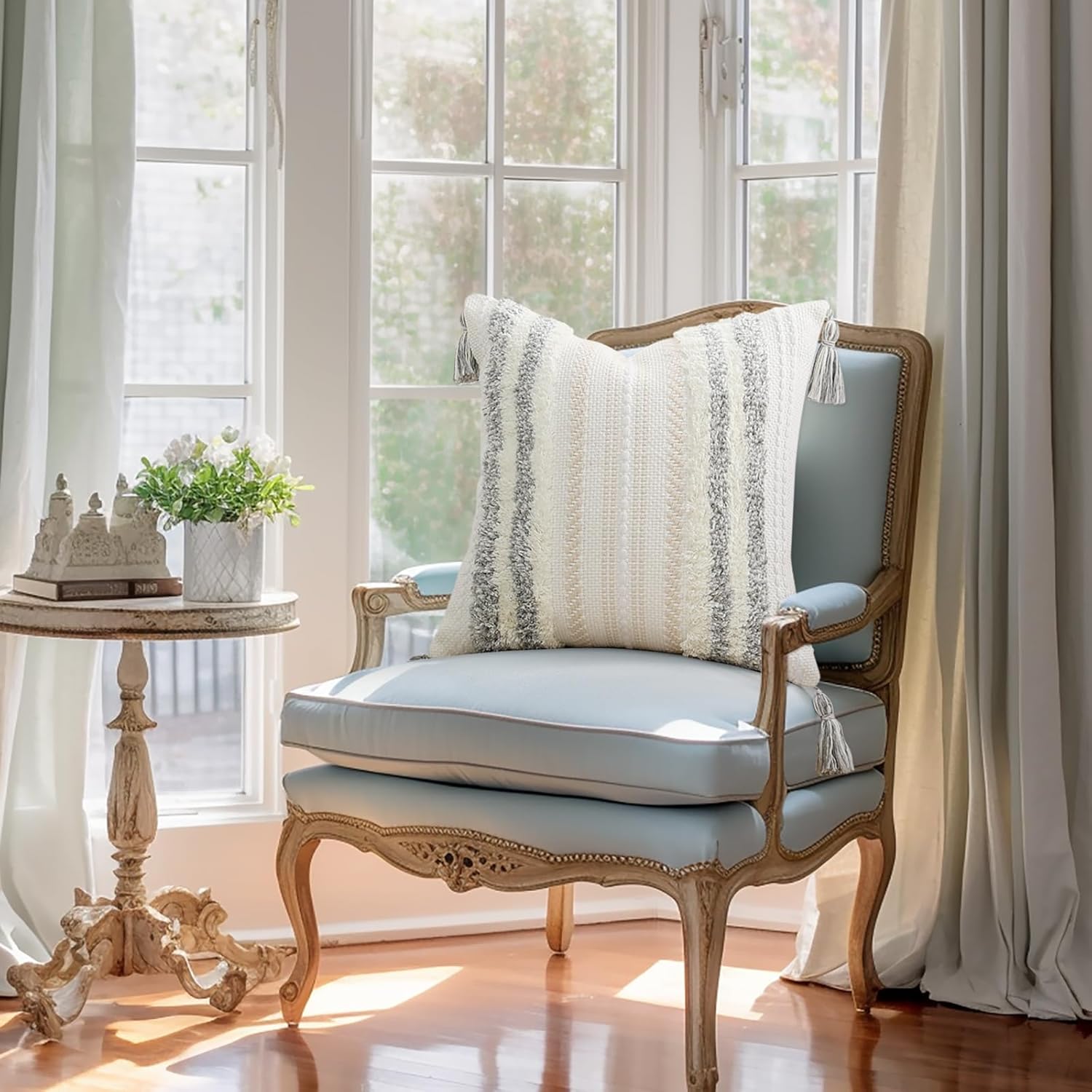 decorUhome Summer Decorative Boho Throw Pillow Covers 20x20 Set of 2, Accent Neutral Textured Tufted Pillow Covers Striped for Couch Bed Sofa Living Room, Light Grey and Cream White