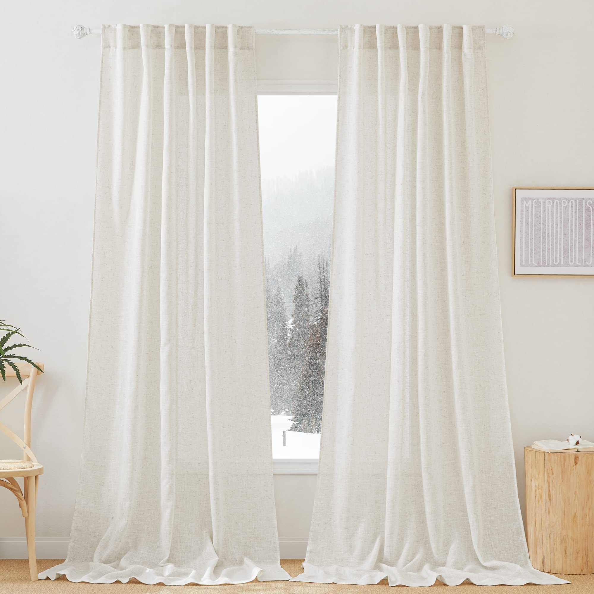 RYB HOME Farmhouse Sheer Curtains 108 inch Length, Semi Sheer Curtain & Drapes Large Window Dressing Lights & Winds Filter for Bedroom Home Office Living Room, Linen, W 70 x L 108 inch Long, 1 Pair