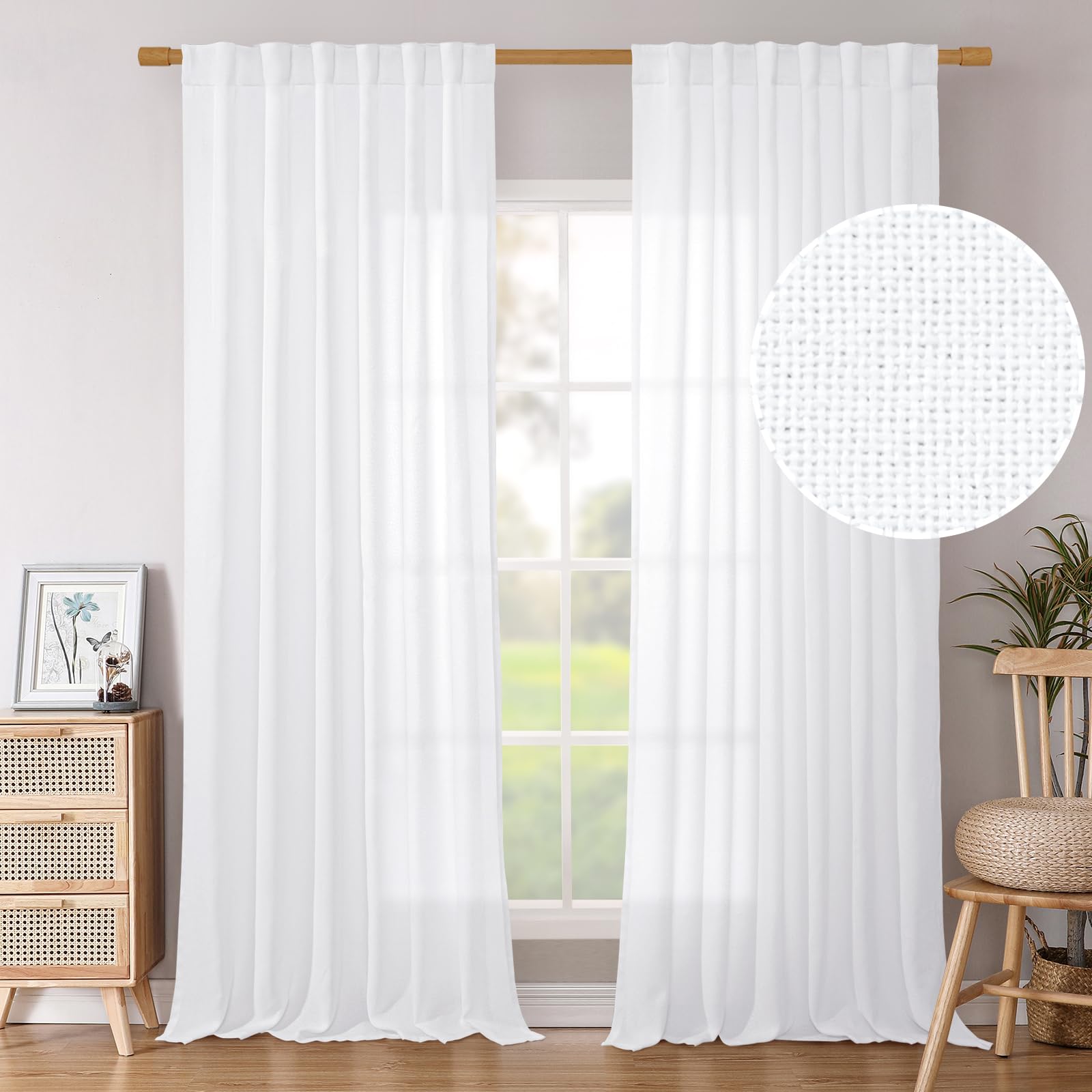 BGment Long 102 Inch Length Linen Curtains for Living Room, Natural Rod Pocket Textured Burlap Drapes Rustic Country Light Filtering for Bedroom Semi Sheer Back Tab, 2 Panel, 52 Inch Wide Each Panel