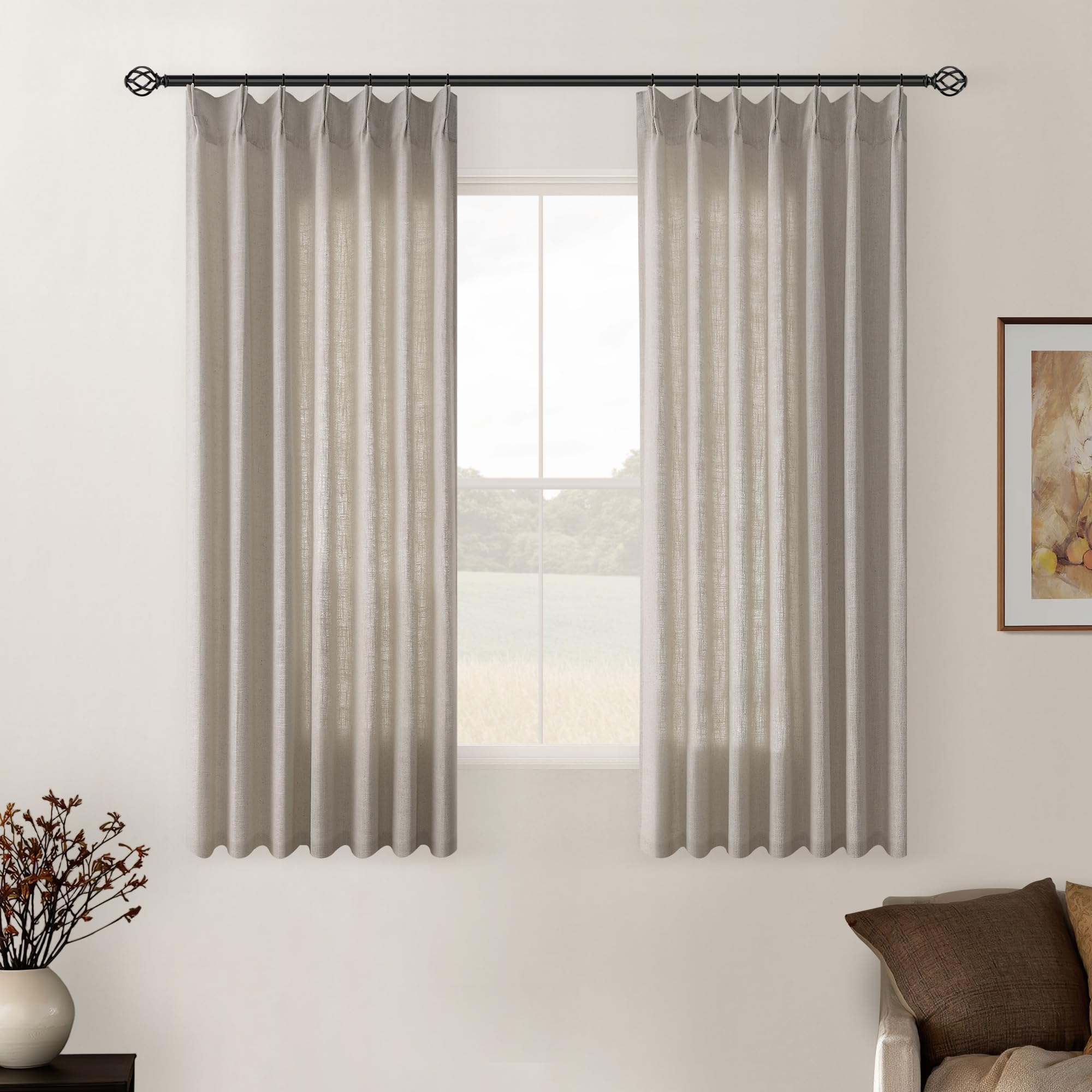 90 Inch Pinch Pleated Linen Curtains 2 Panel Set for Living Room Cream Natural Thick Linen Textured Drapes 90 Inches Long Pinch Pleat Drapes Birch Ivory Semi Sheer Curtain for Dining Bedroom Office