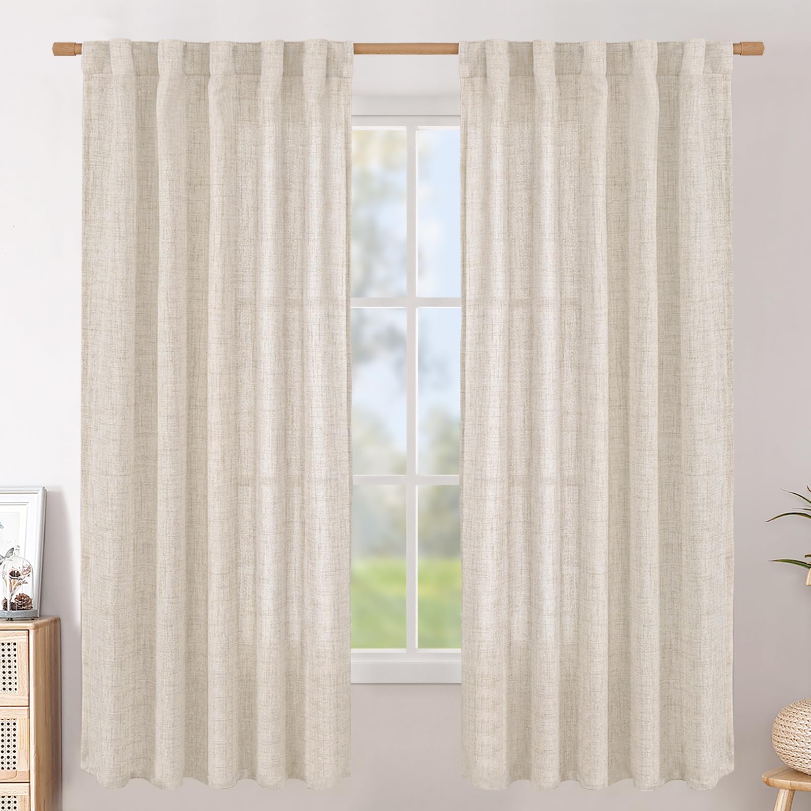 BGment Long 102 Inch Length Linen Curtains for Living Room, Natural Rod Pocket Textured Burlap Drapes Rustic Country Light Filtering for Bedroom Semi Sheer Back Tab, 2 Panel, 52 Inch Wide Each Panel