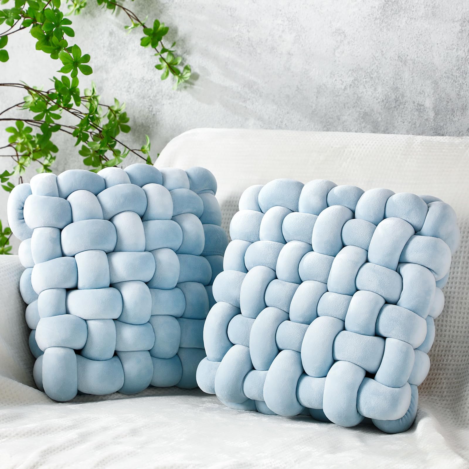 Wenqik 2 Pcs Knot Pillows Square Knotted Plush Throws Soft Accent Pillows Decoration Cushion for Couch Home Office Living Room Bedroom Bed Sofa Decor, 12'' x 13''(Cream White,Lambswool)