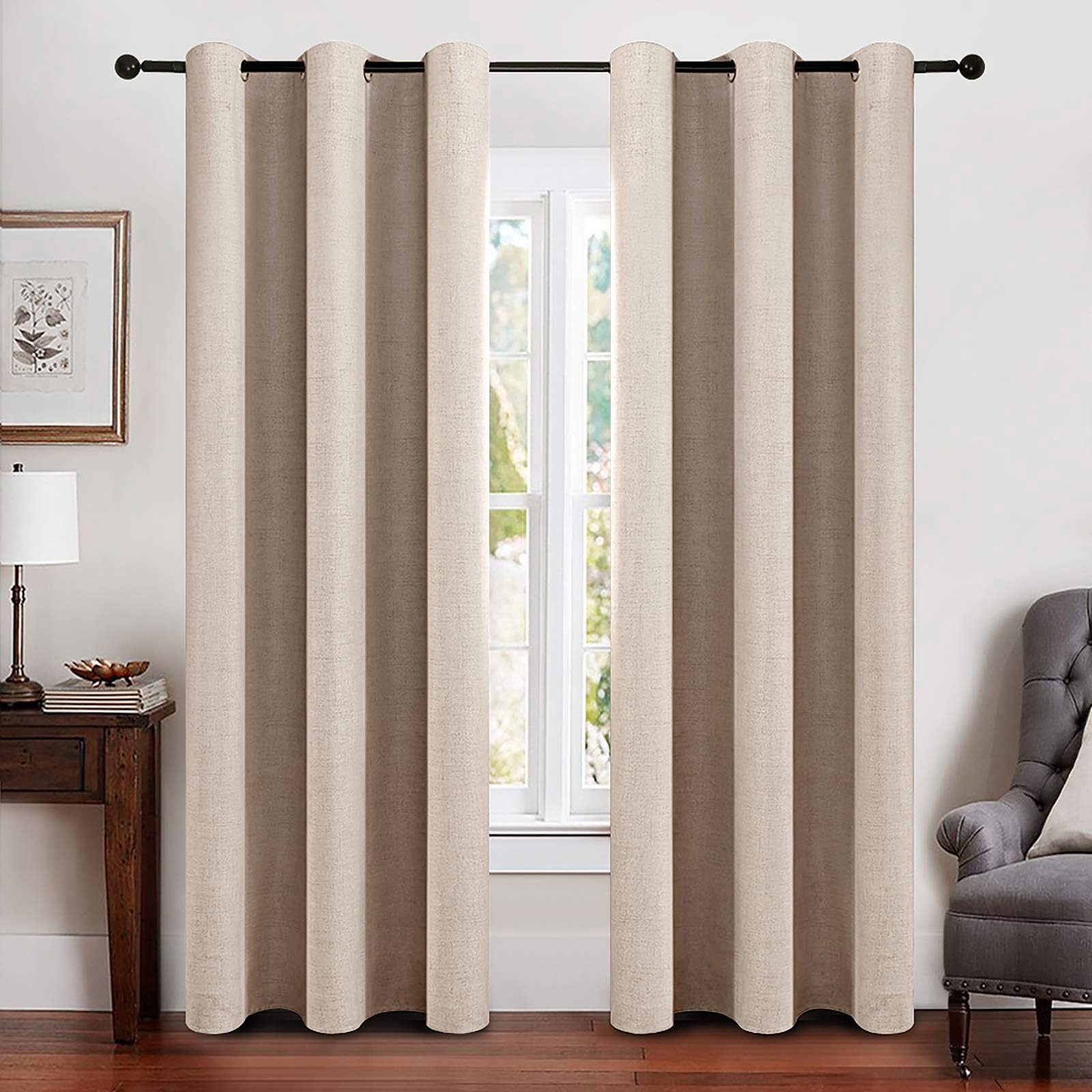 MIULEE 100% Blackout Linen Curtains for Bedroom Thermal Insulated Birch Grommet Room Darkening Curtains & Drapes for Living Room Nursery 52 x 96 Inch (2 Panels)