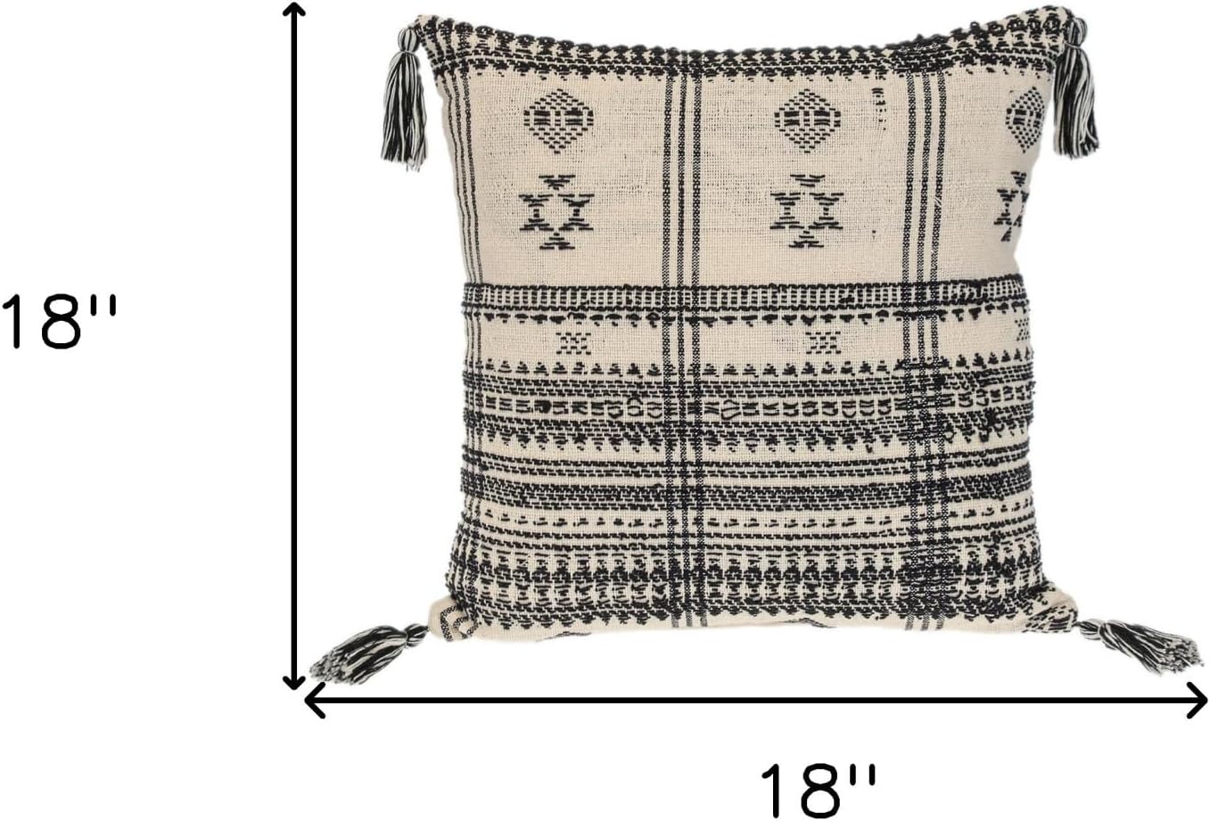 HomeRoots 18" Beige and Black Southwestern Cotton Throw Pillow with Tassels