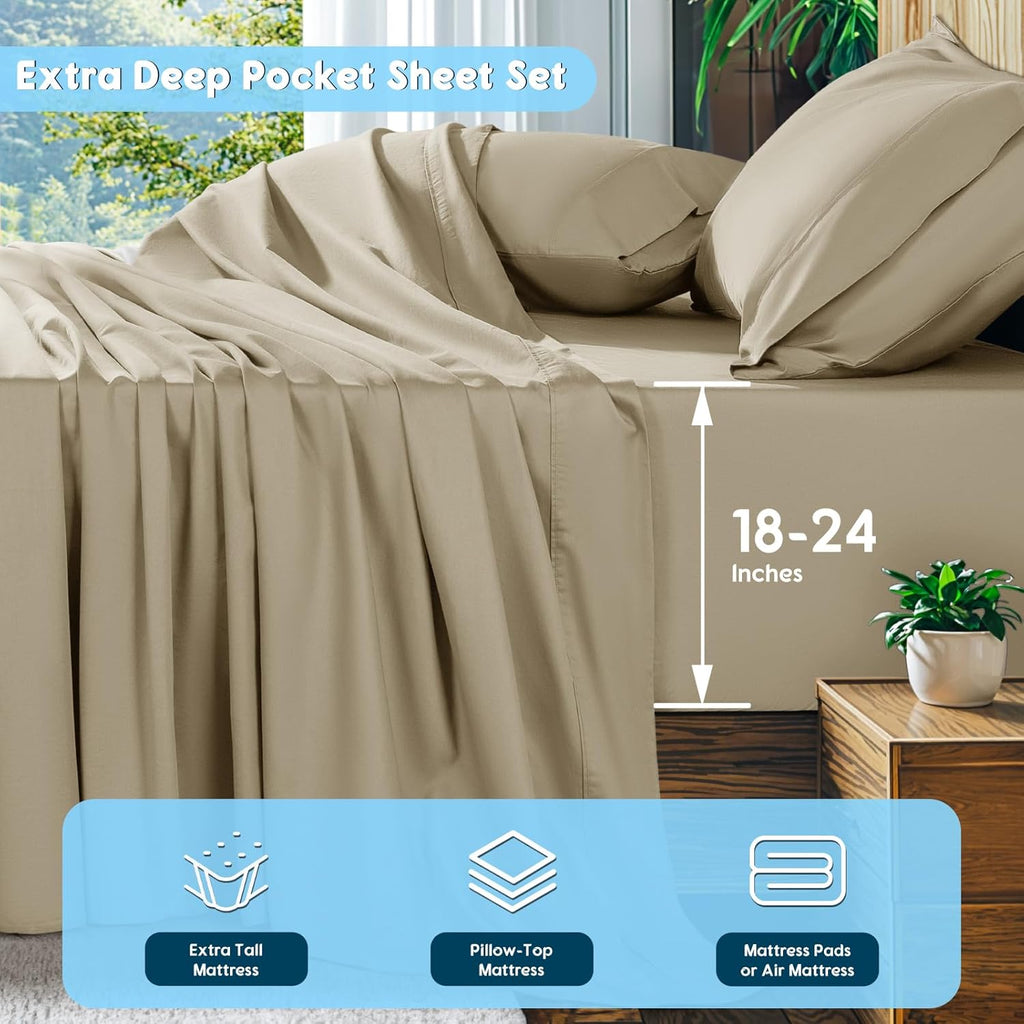 SONORO KATE 100% Egyptian Cotton Sheets Set, Extra Deep Pocket up to 18"-24",1000 High Thread Count, Soft & Breathable 5-Star Hotel Sateen Bed Sheets - 4 PC (Linen,Queen)
