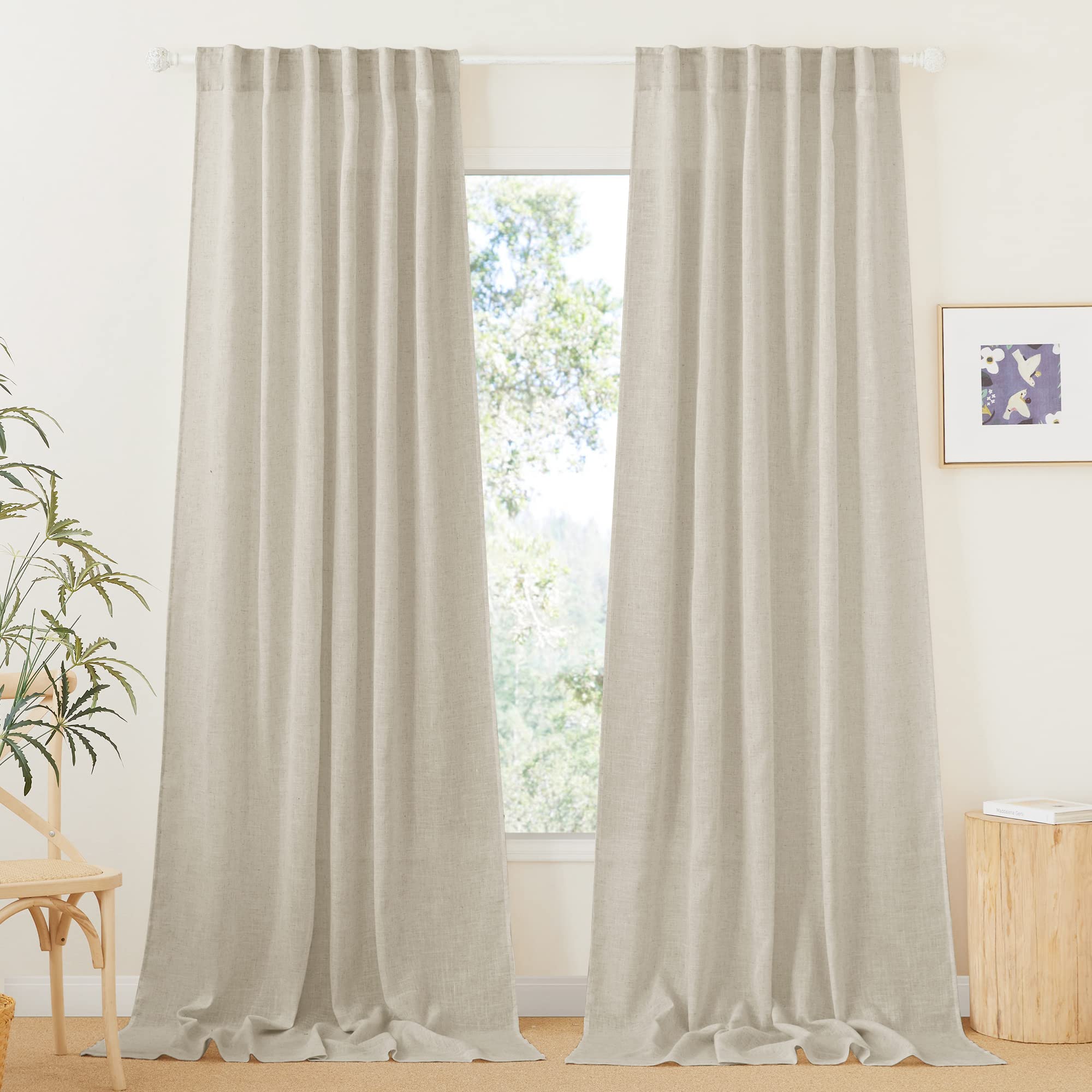 RYB HOME Farmhouse Sheer Curtains 108 inch Length, Semi Sheer Curtain & Drapes Large Window Dressing Lights & Winds Filter for Bedroom Home Office Living Room, Linen, W 70 x L 108 inch Long, 1 Pair