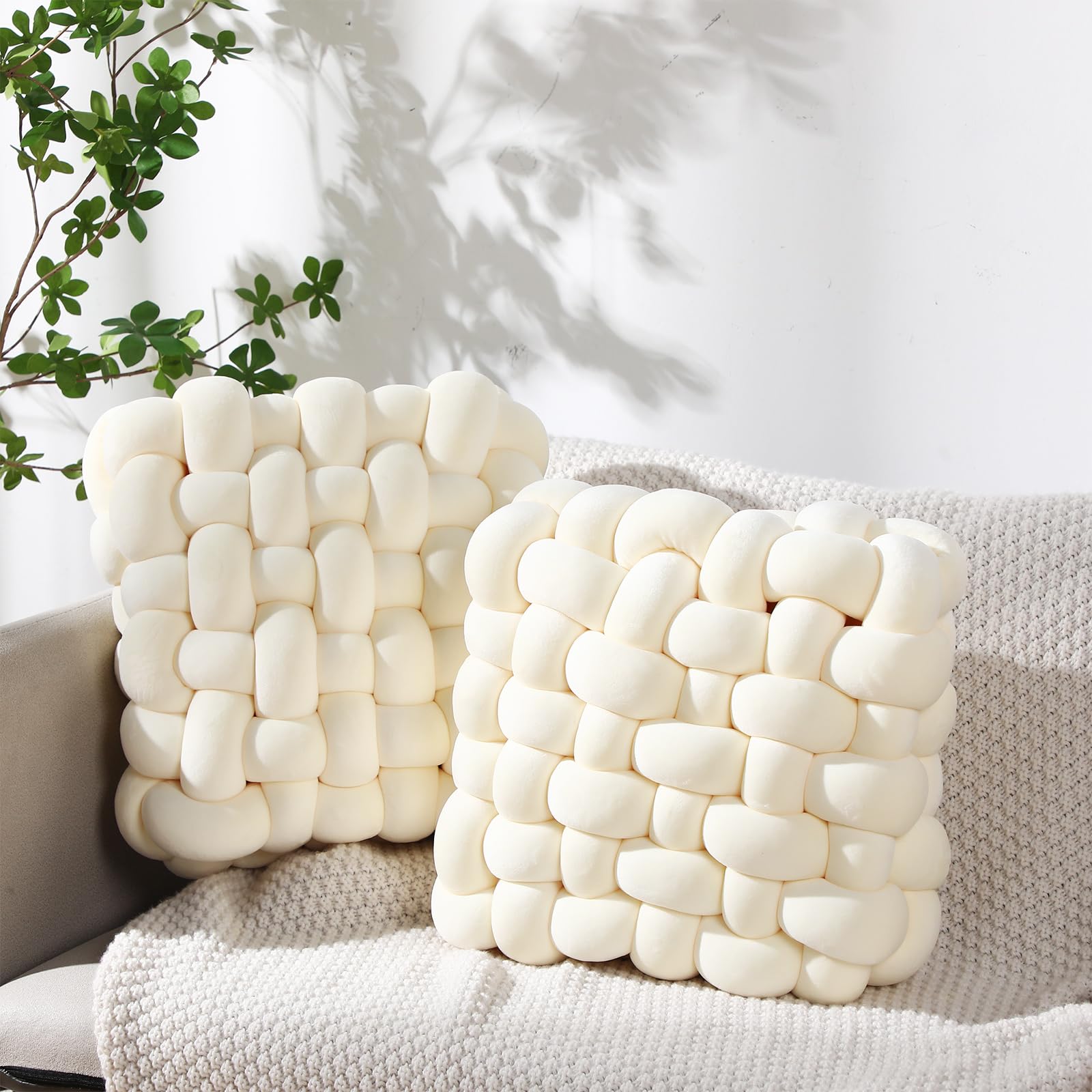 Wenqik 2 Pcs Knot Pillows Square Knotted Plush Throws Soft Accent Pillows Decoration Cushion for Couch Home Office Living Room Bedroom Bed Sofa Decor, 12'' x 13''(Cream White,Lambswool)
