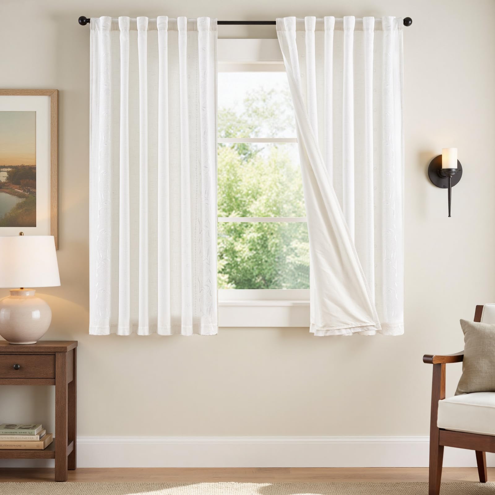 jinchan Winslow Linen Curtains for Bedroom 84 Inches Length Embroidered Bordered Floral Curtains for Living Room Farmhouse Decor Light Filtering Window Treatments Sage on Beige Drapes 2 Panels
