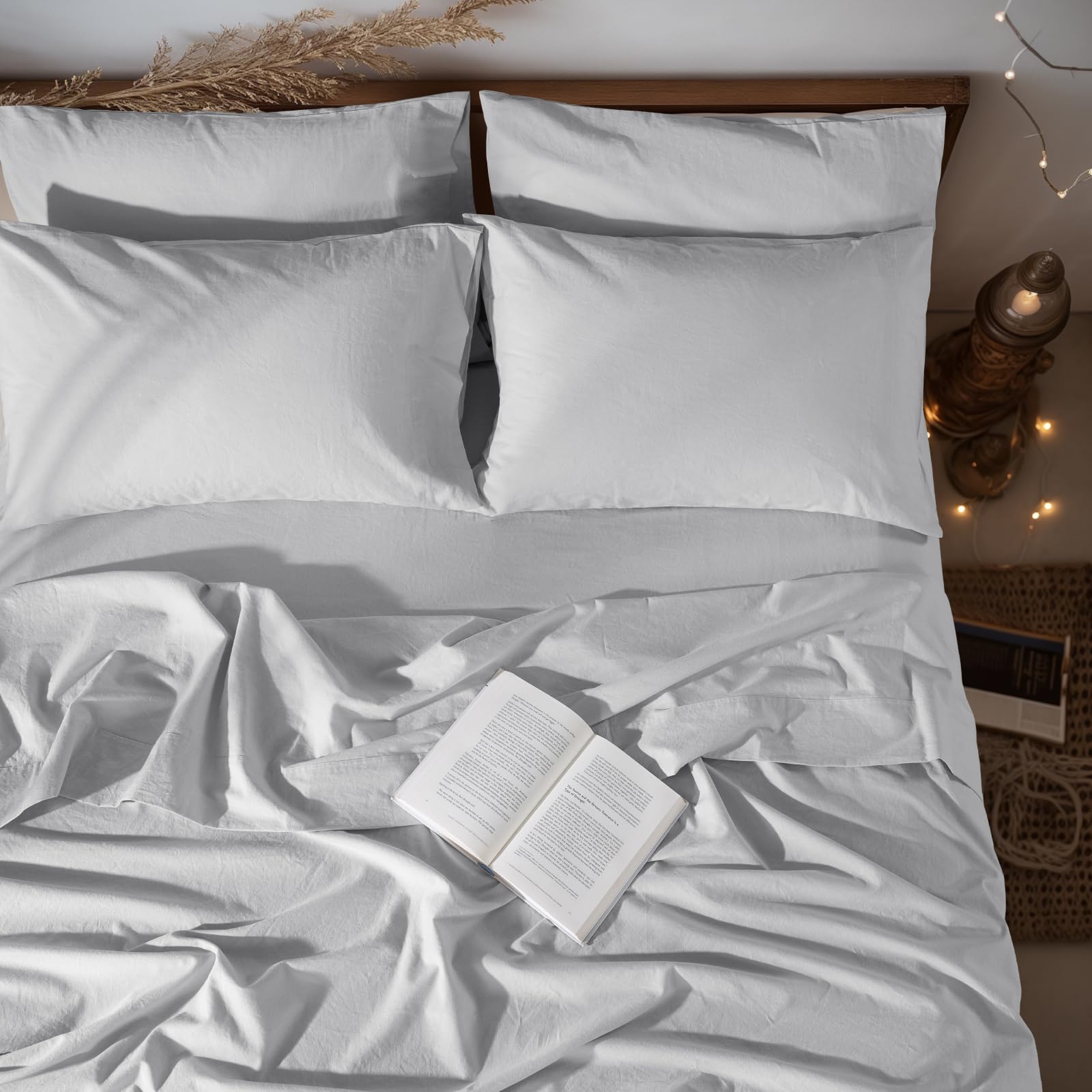 LBRO2M 100% Pure Linen Sheet Set Deep Pocket Up to 16" Bed Sheets Sets, Natural Flax Beddings Soft, Breathable, Comfortable for All Seasons 4 Pcs Sheet Set Queen Size, Linen