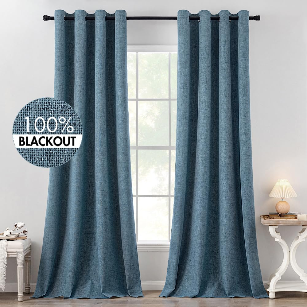 MIULEE 100% Blackout Linen Curtains for Bedroom Thermal Insulated Birch Grommet Room Darkening Curtains & Drapes for Living Room Nursery 52 x 96 Inch (2 Panels)