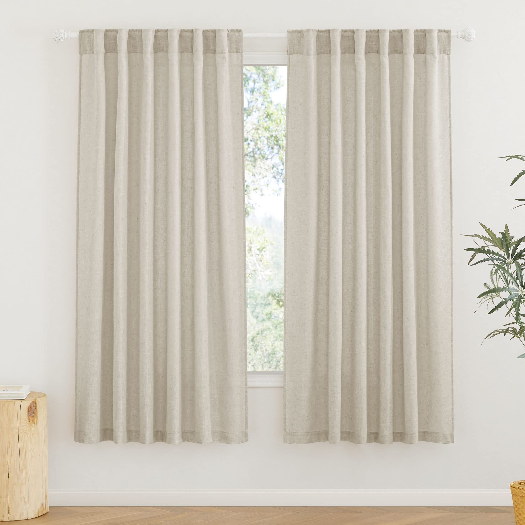 RYB HOME Farmhouse Sheer Curtains 108 inch Length, Semi Sheer Curtain & Drapes Large Window Dressing Lights & Winds Filter for Bedroom Home Office Living Room, Linen, W 70 x L 108 inch Long, 1 Pair
