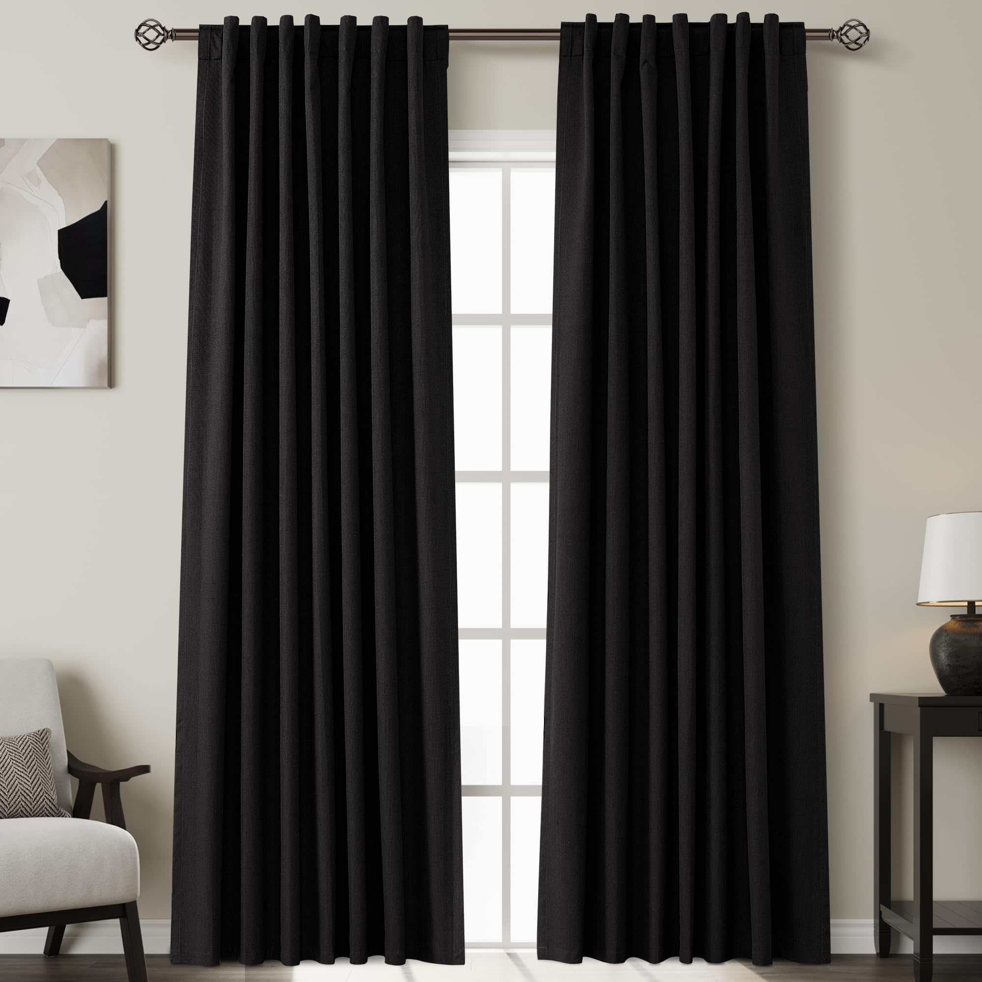 Nanspring Light Grey 100% Blackout Linen Curtains for Bedroom 90 Inches Long Back Tab Thermal Insulated Modern Luxury Simple Black Out Curtain for Living Room Dining Room Drapes 52x90, 2 Panels